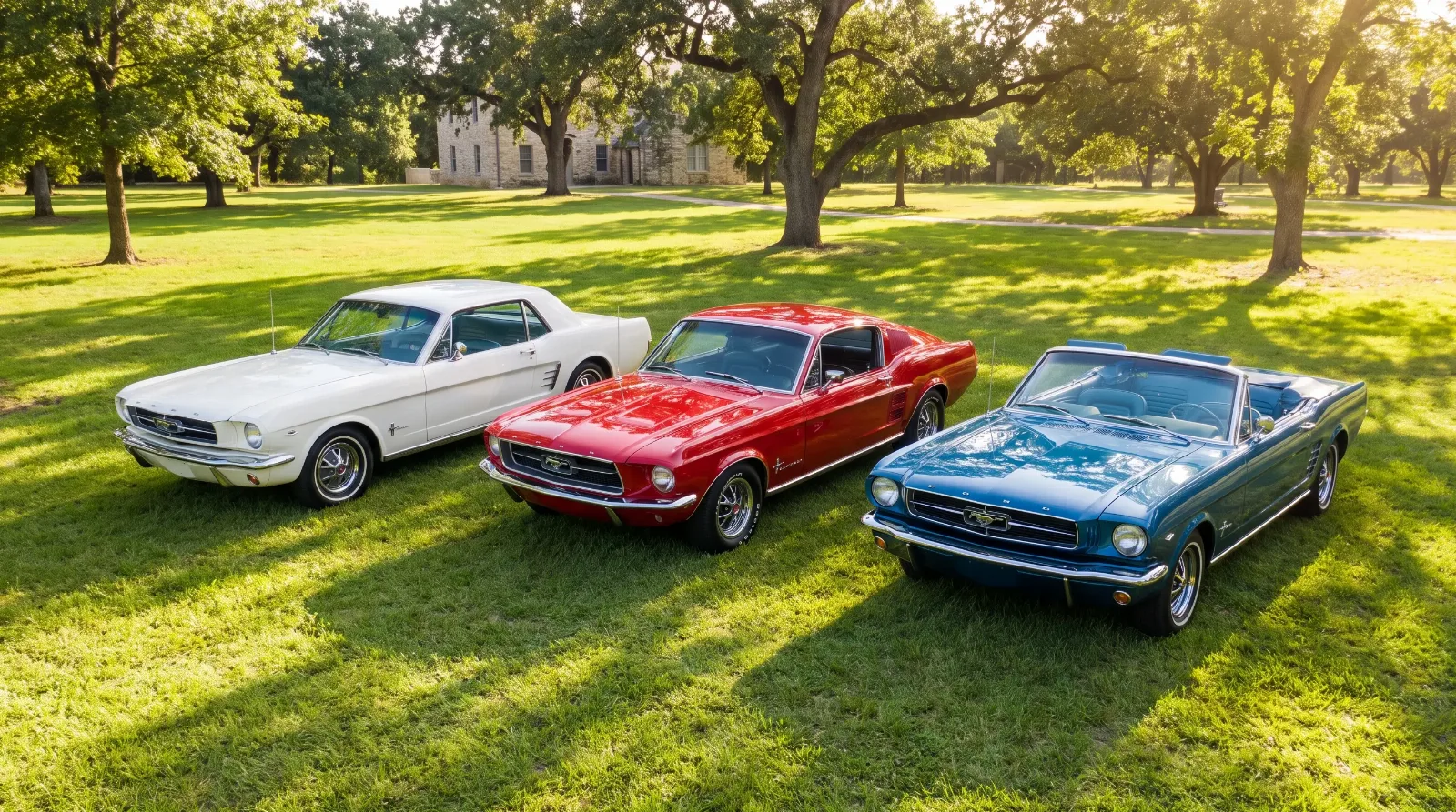 Three Ford Mustang body styles on a lawn
