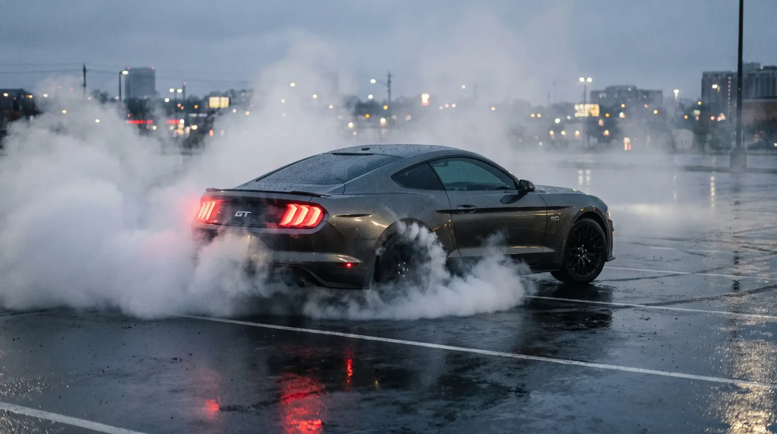 Modern Ford Mustang performing a smoky burnout