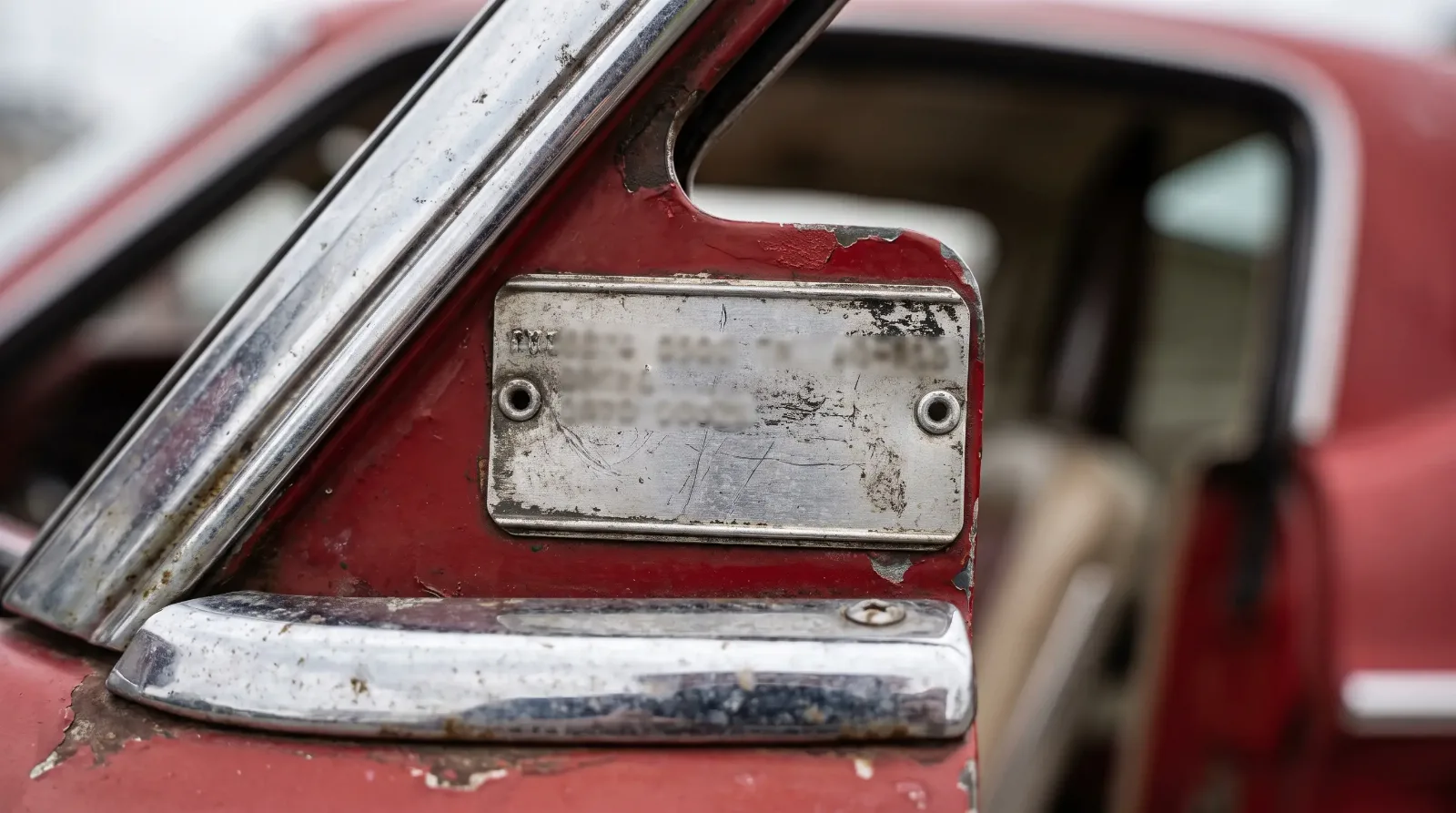 Riveted warranty data plate on a classic Mustang door jamb