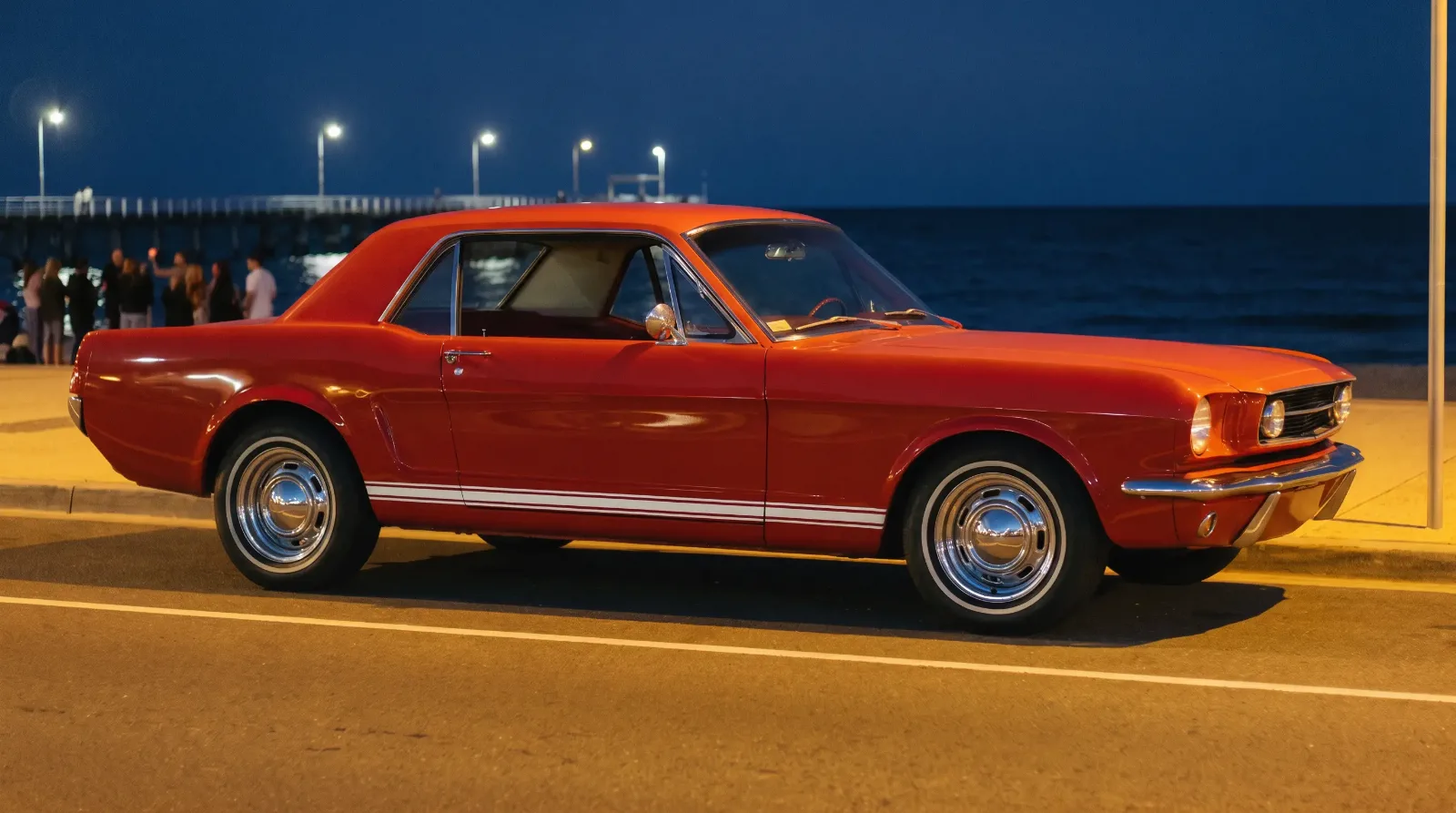 1966 Ford Mustang GT, parked by the pier at night