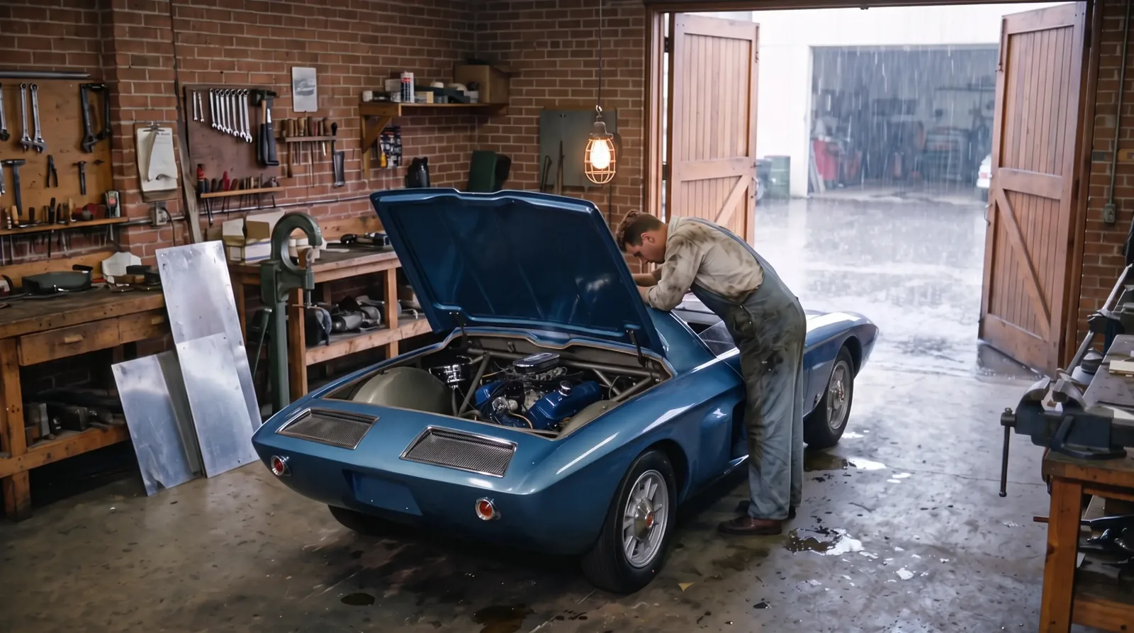 1962 Ford Mustang I in a race-car shop, engine cover raised over the V4