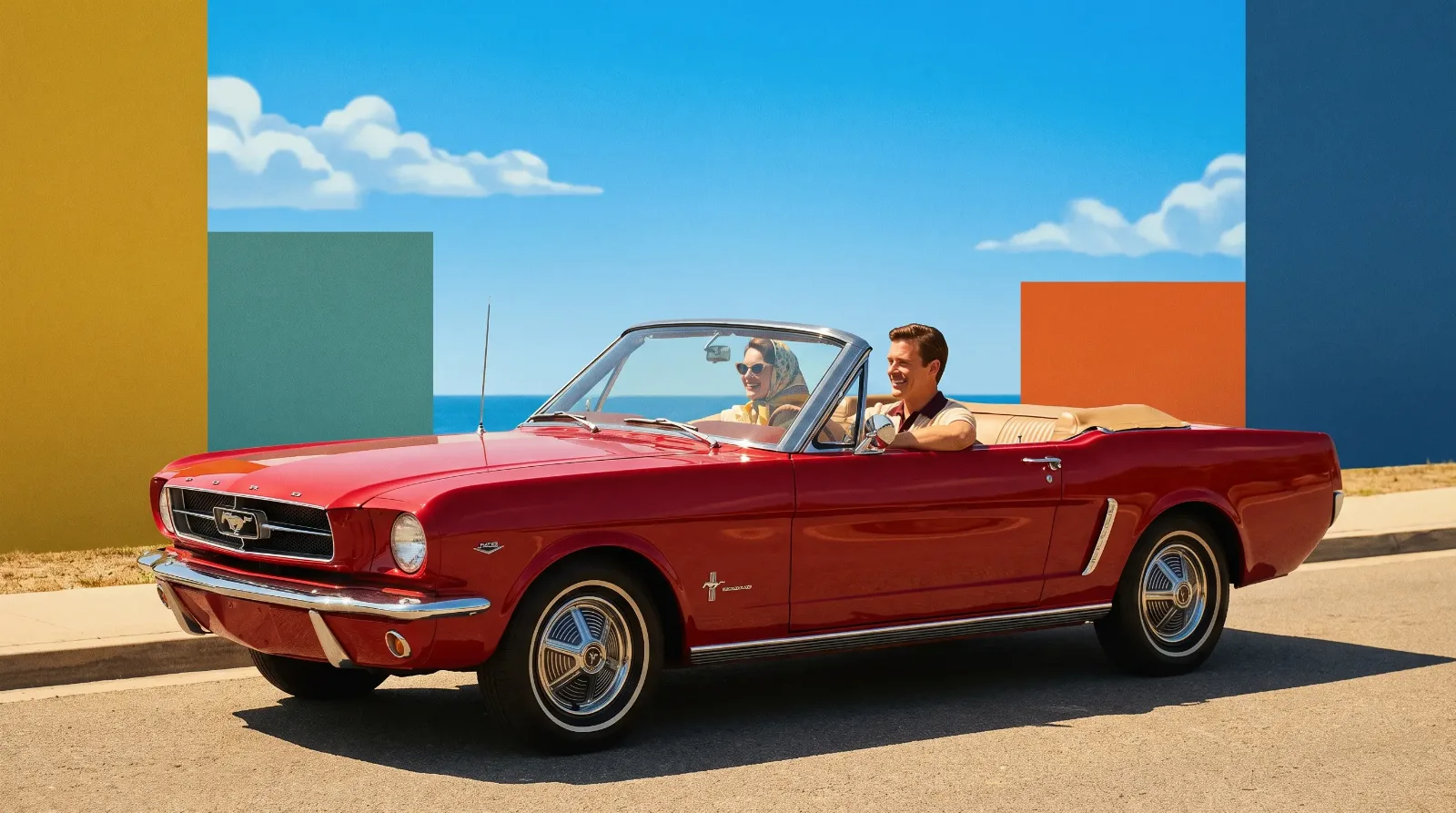 Retro 1960s advertising scene of a red Ford Mustang convertible