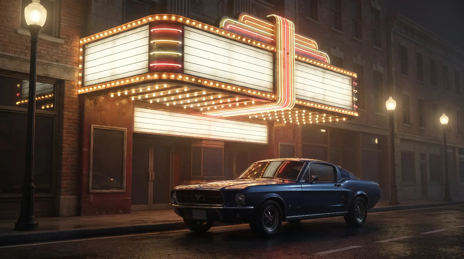 Vintage cinema marquee with a classic Ford Mustang