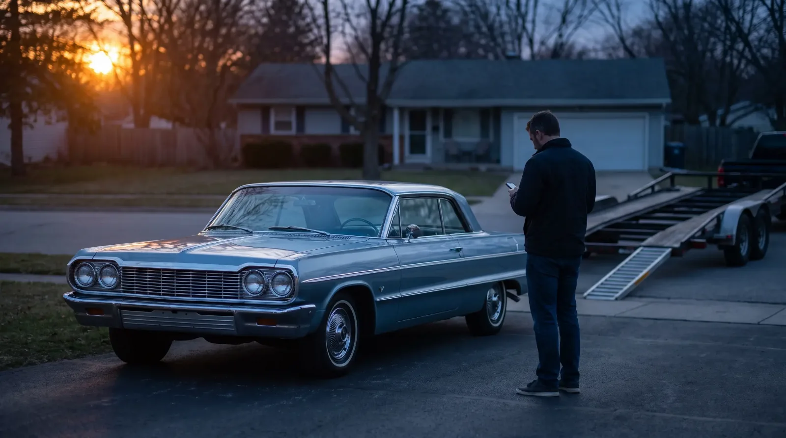 Seller checks his phone beside a 1964 Impala as an empty car carrier waits at dusk