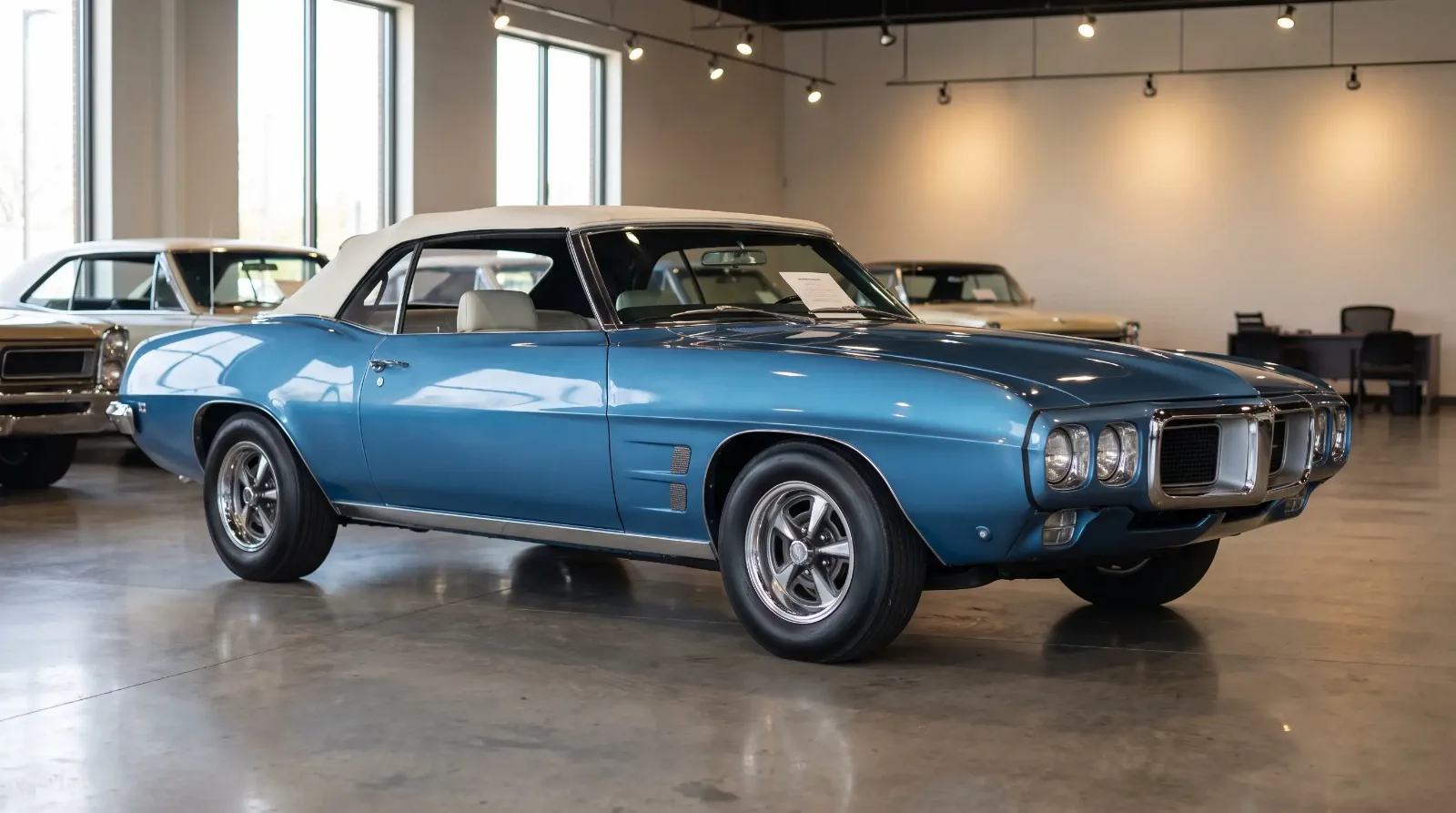 Blue 1969 Pontiac Firebird convertible with a white top on a dealer showroom floor