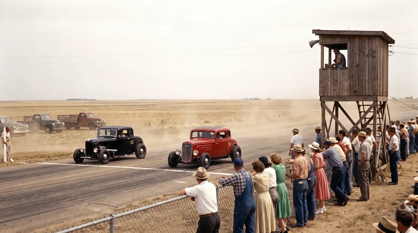 Two 1950s hot rod coupes staged at the starting line of an early drag strip with a wooden timing tower