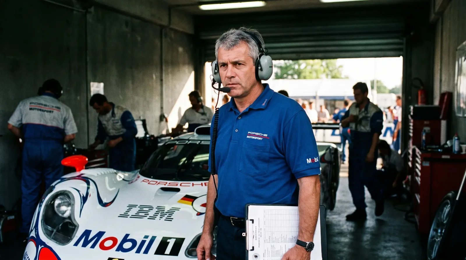 Porsche race engineer in team polo and headset standing beside a Porsche 911 GT1 in the Le Mans pit garage