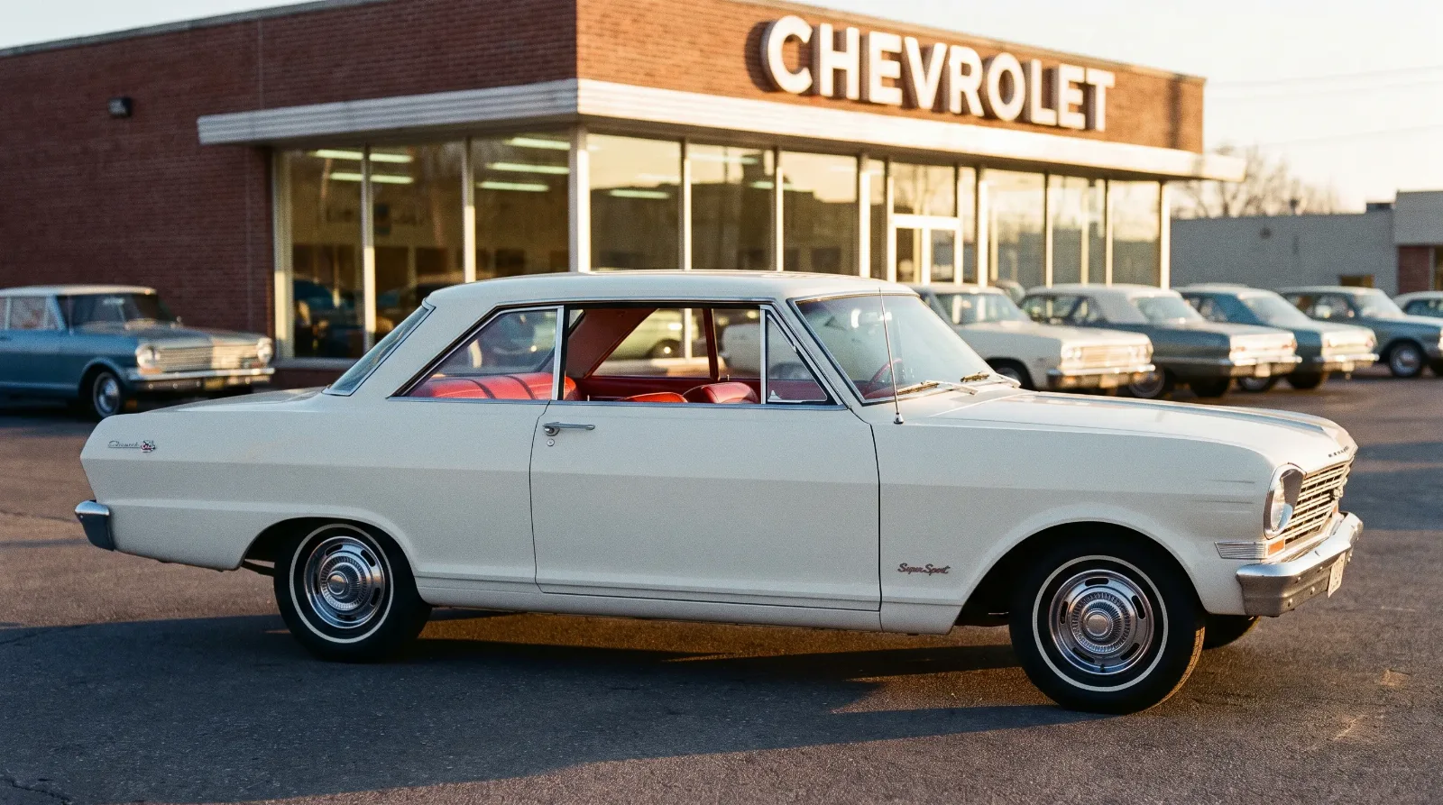 1963 Chevy II Nova SS two-door hardtop parked outside a period Chevrolet dealership at golden hour