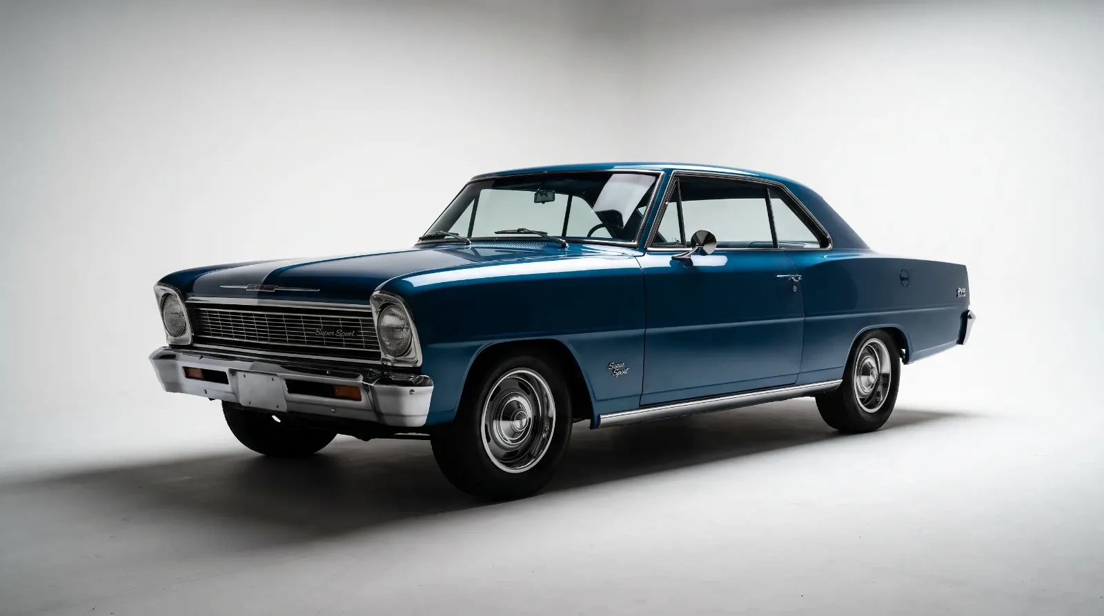 1966 Chevy II Nova Super Sport Sport Coupe studio shot showing the new semi-fastback roofline and sculpted body sides