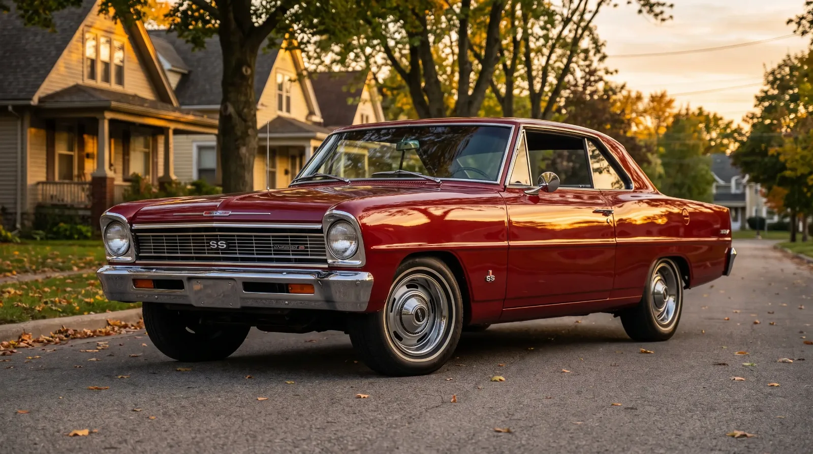 1966 Chevrolet Chevy II Nova SS Sport Coupe in red, parked in static hero stance at golden hour