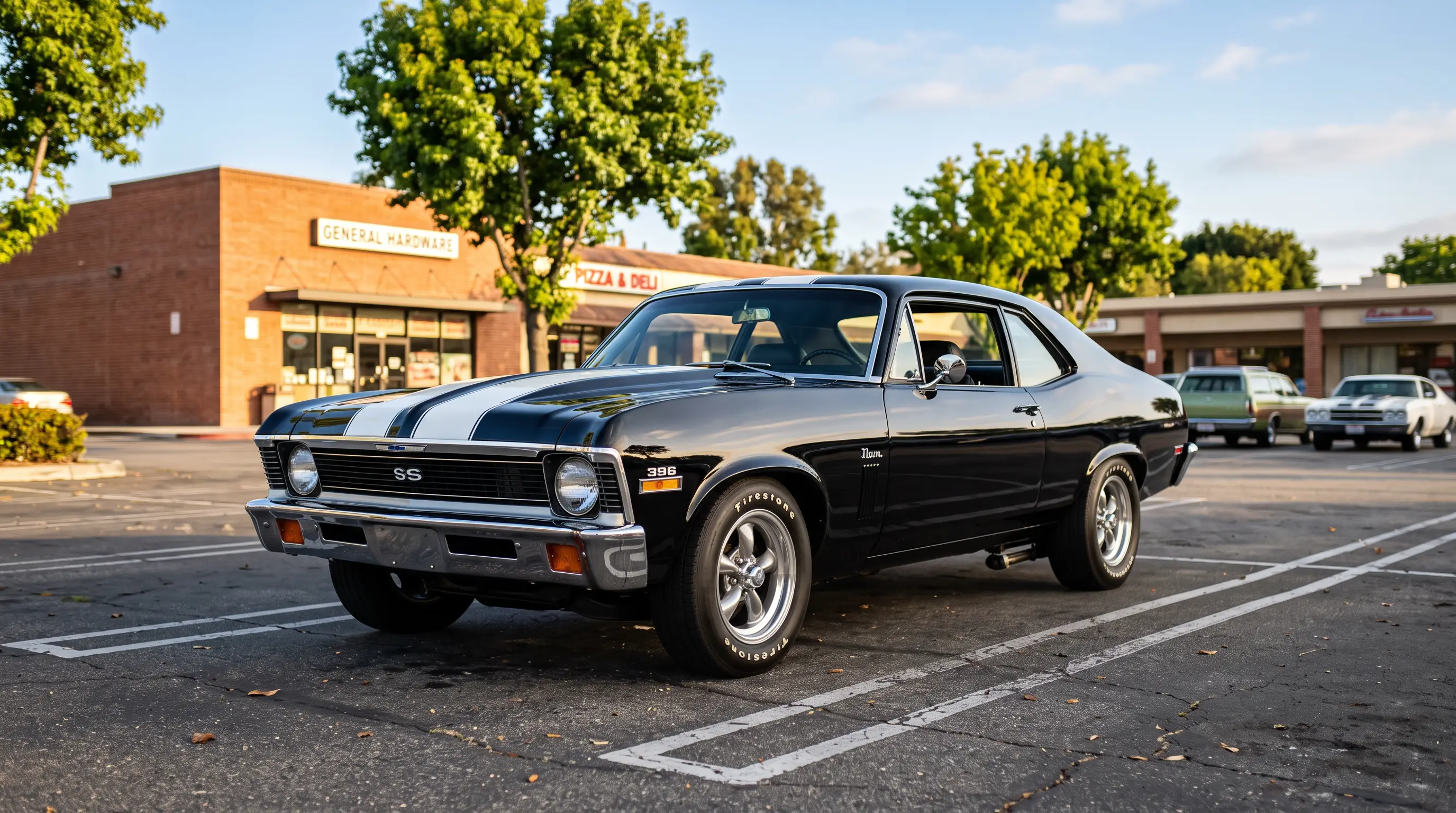 1969 Chevrolet Nova SS 396 with factory stripes in a sunlit parking lot