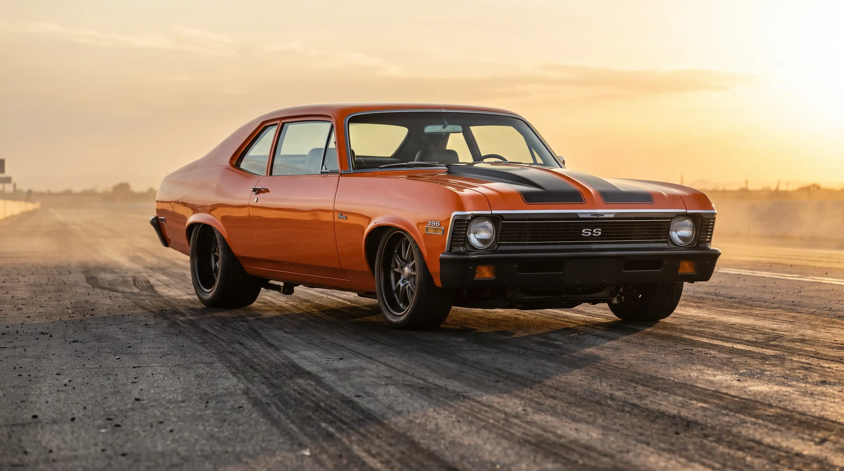 Orange 1970 Chevrolet Nova SS 396 with black stripes on a drag strip at golden hour
