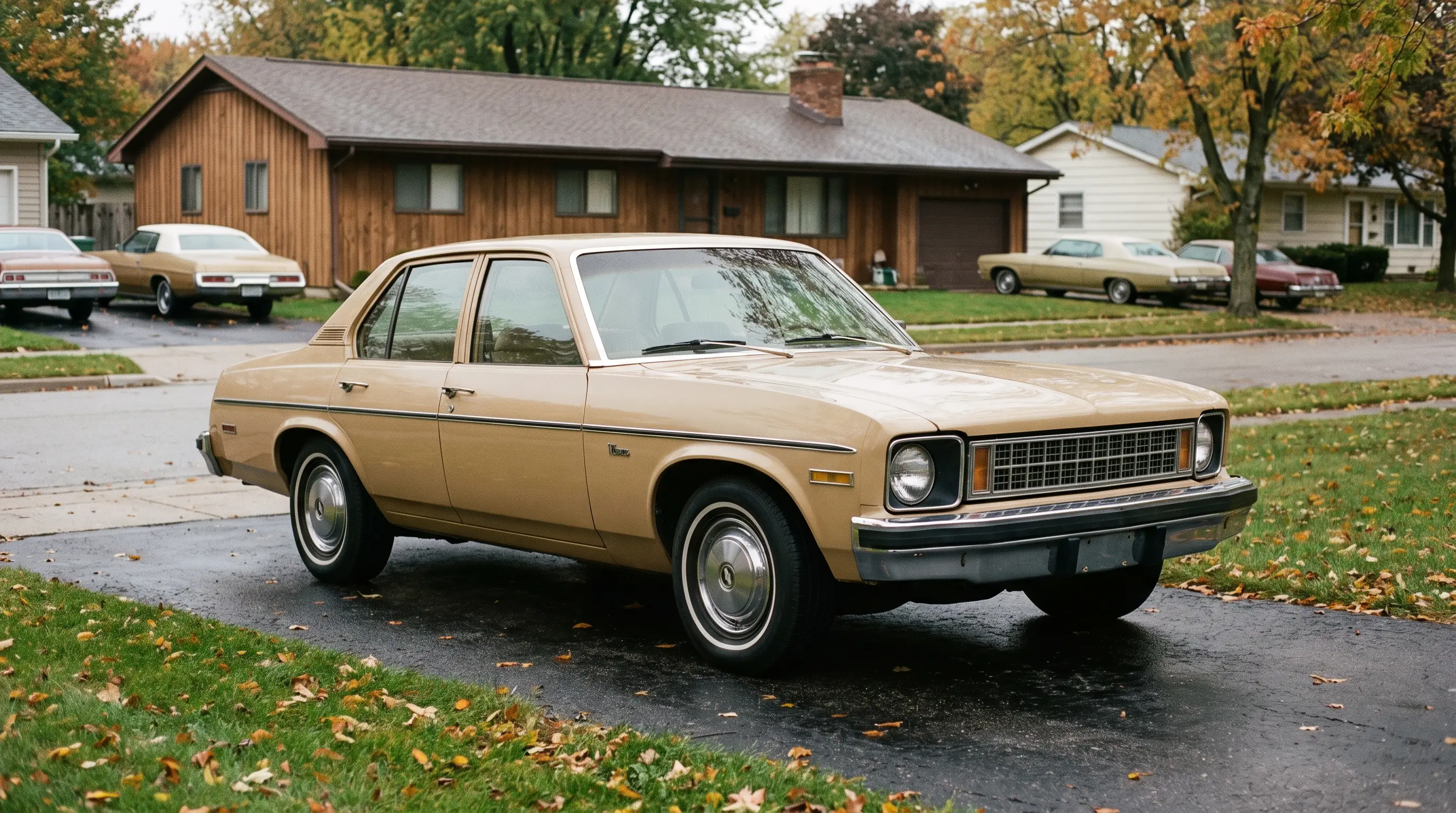 Tan 1975 Chevrolet Nova sedan parked in a quiet suburban driveway