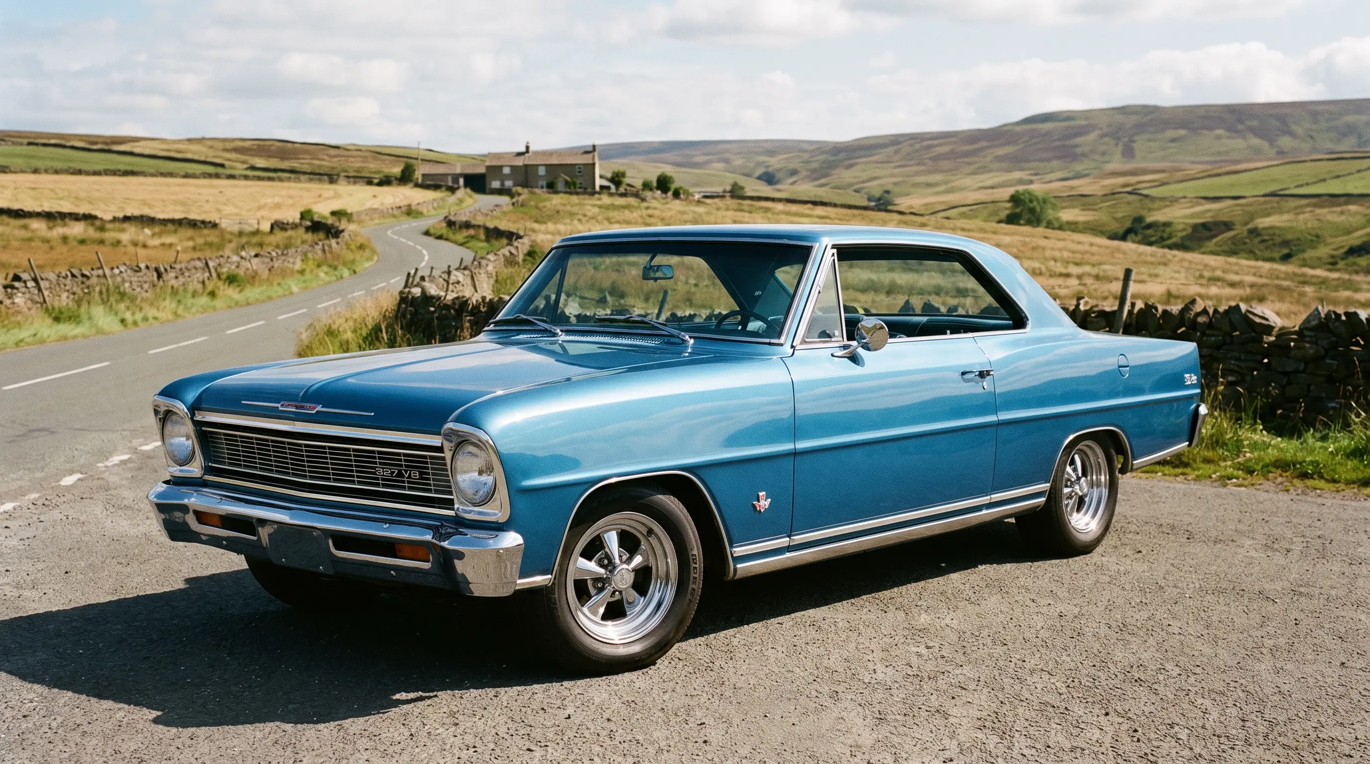 1966 Chevrolet Nova SS in blue on a countryside road at midday