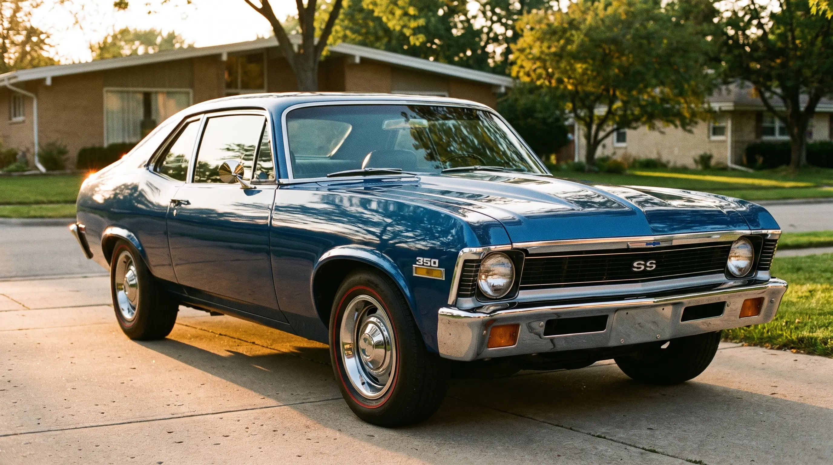1968 Chevrolet Nova SS in blue parked in a sunlit driveway at golden hour