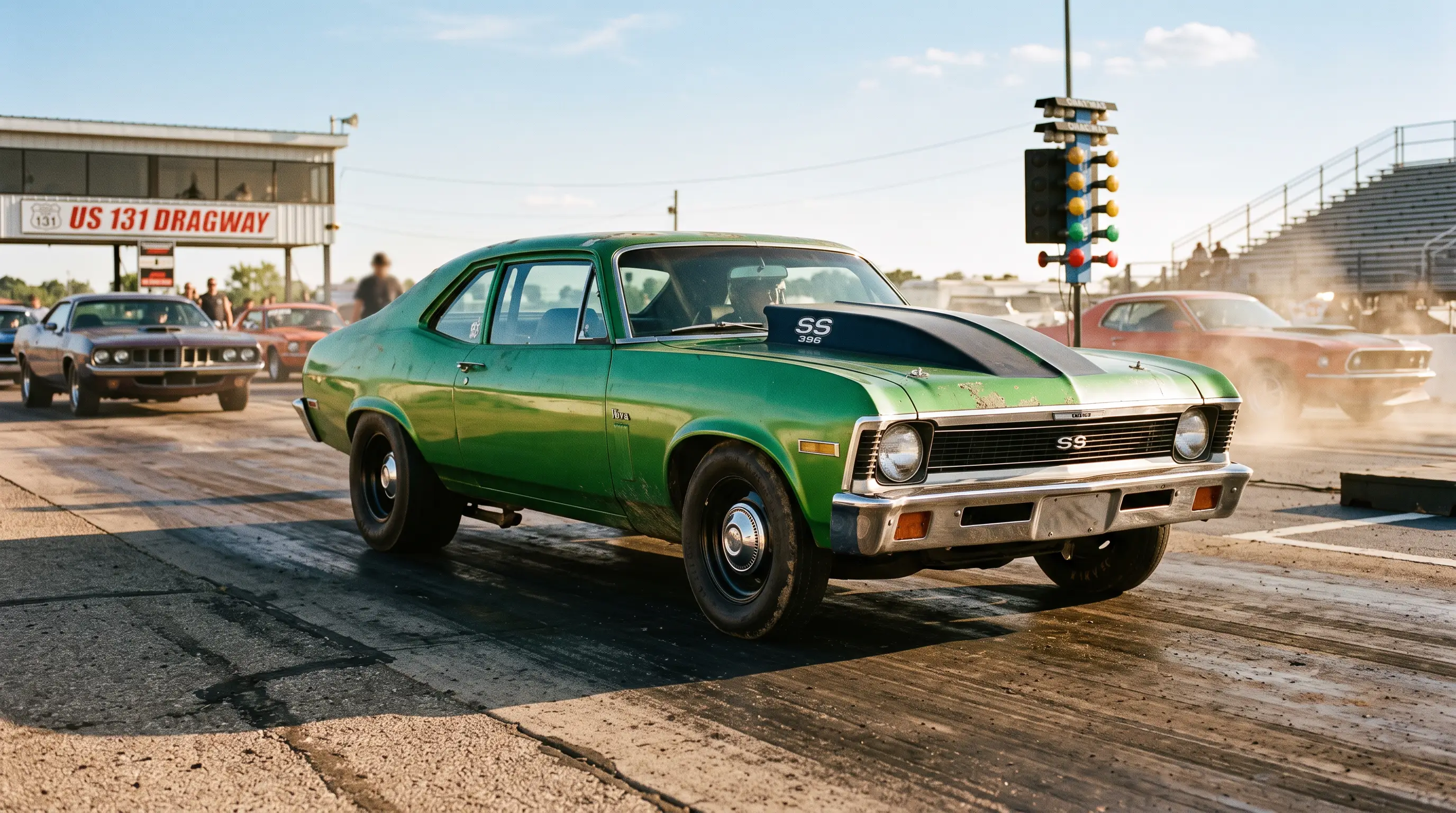 1968 Chevrolet Nova SS with big block hood scoop at a sunlit drag strip