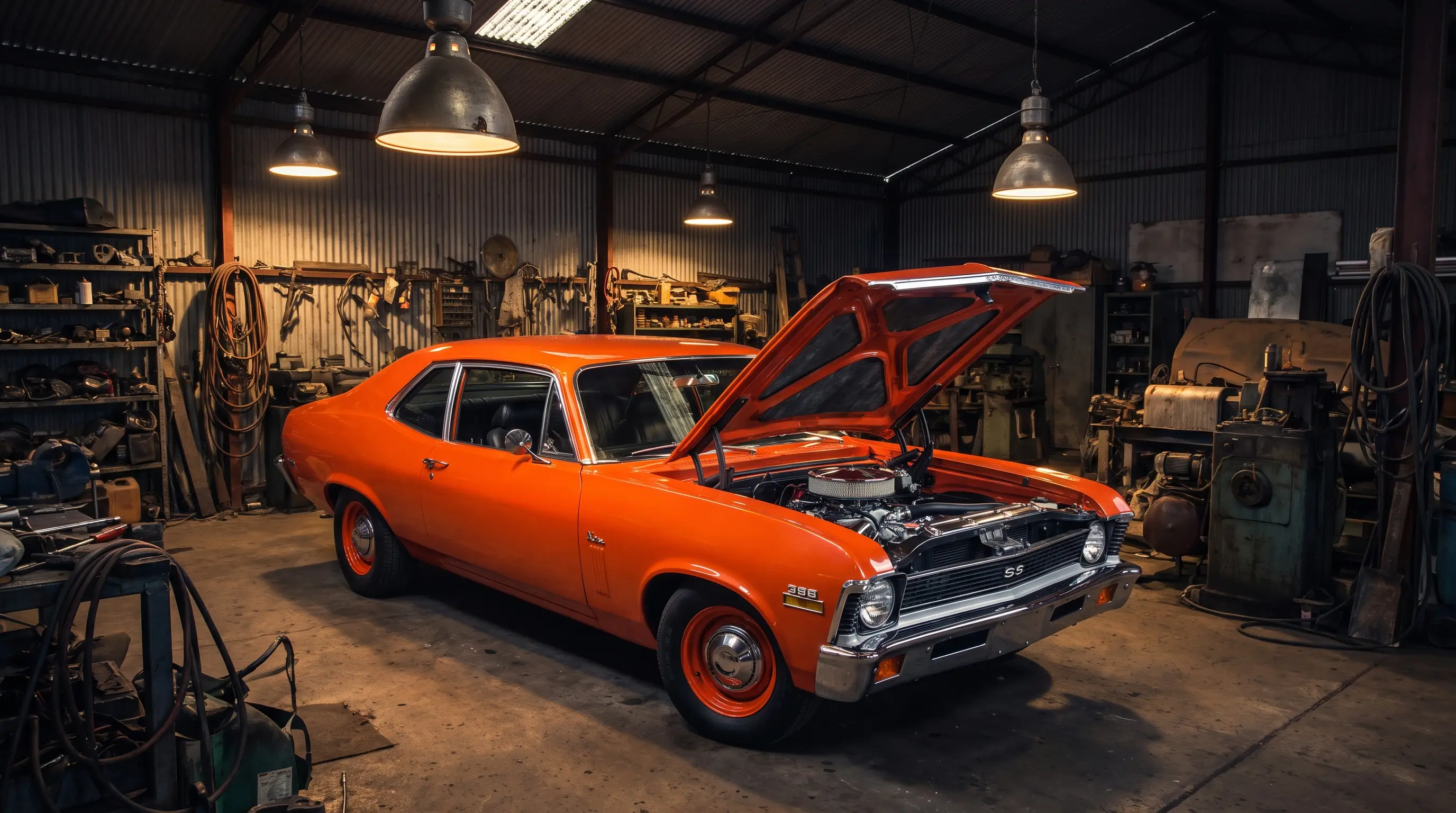 Orange 1970 Chevrolet Nova SS with 402 big block in an auto shop bay