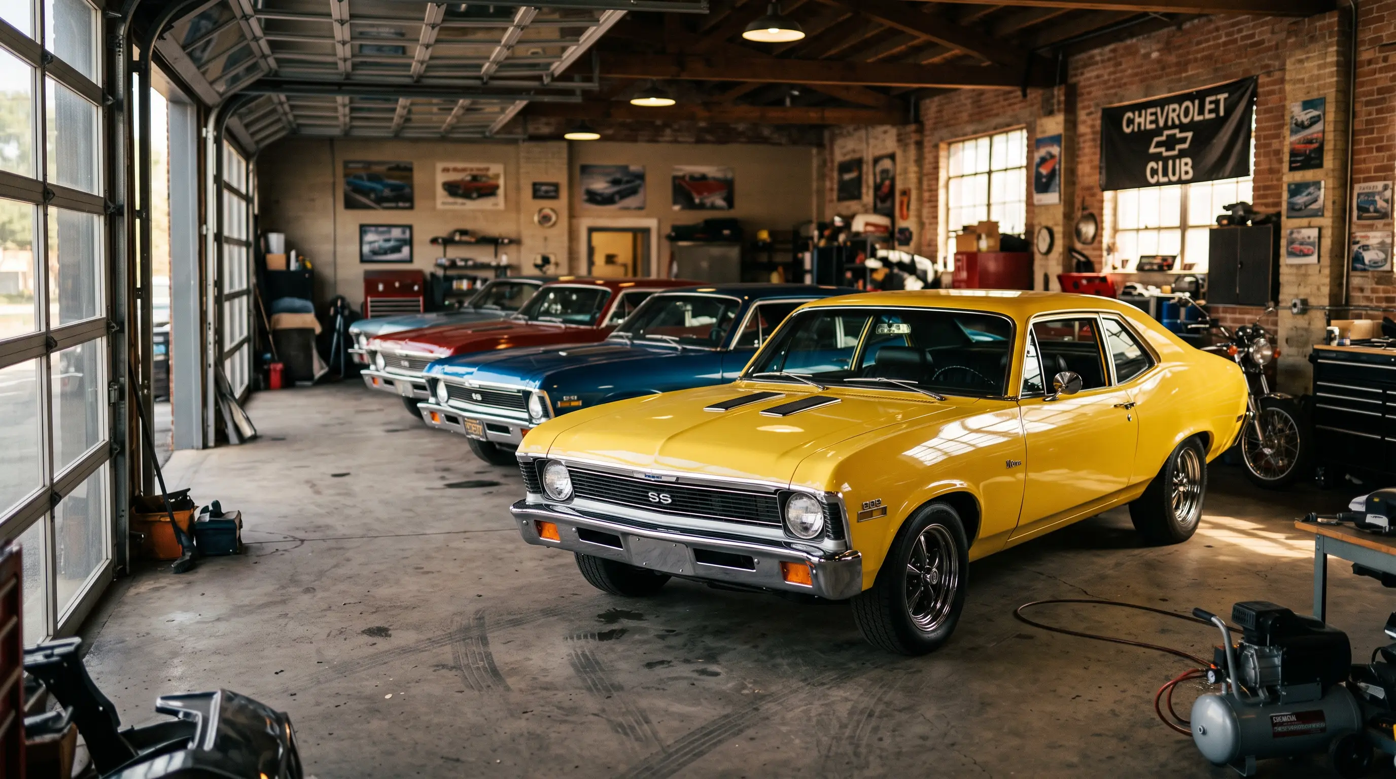 Bright yellow classic Chevy Nova in a clubhouse garage with vintage Novas lined up behind it