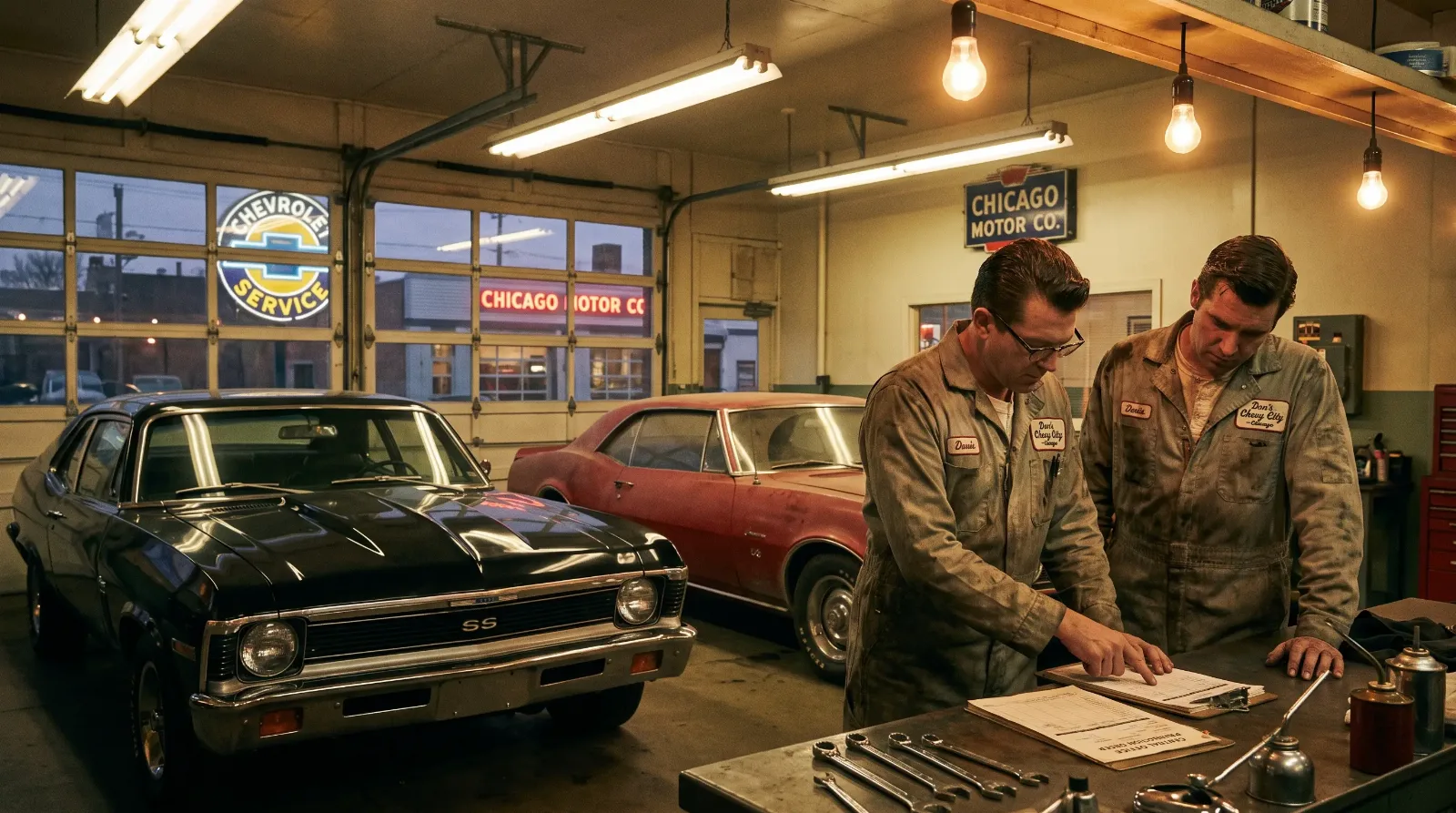 Late 1960s Chevrolet dealership service bay with a black Nova SS and red Camaro parked for big-block engine work