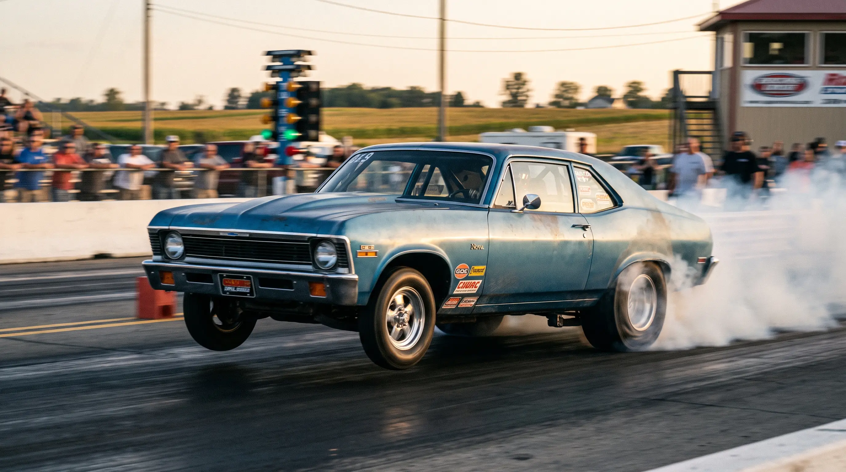 Vintage Chevy Nova drag car launching off the line with tire smoke at a strip