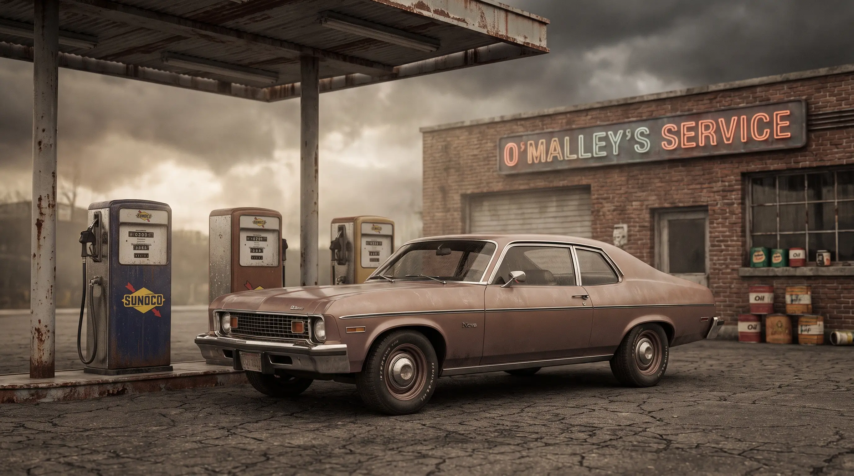 Bronze 1973 Chevrolet Nova coupe parked at a hazy 1970s gas station