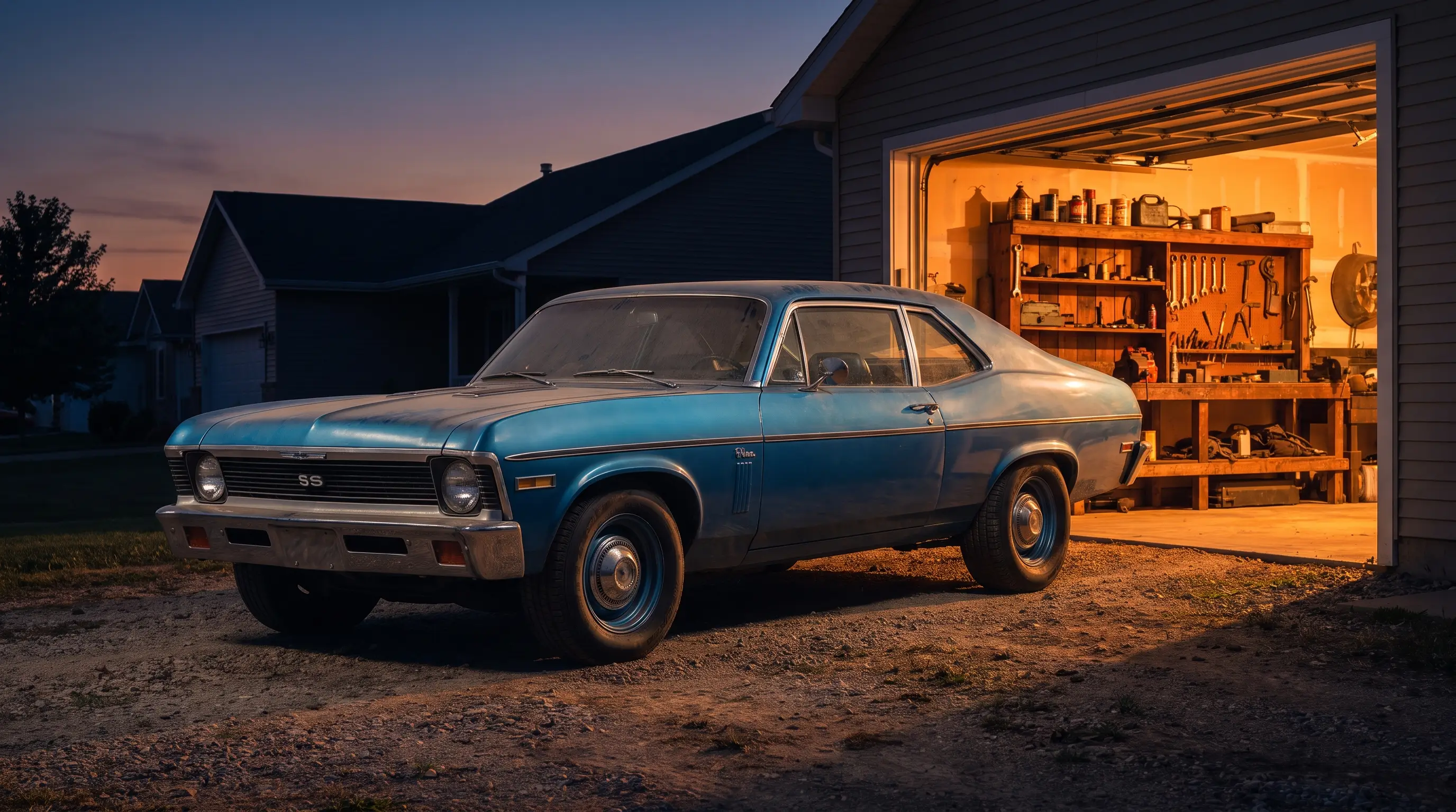 Metallic blue classic Chevy Nova SS parked in a dusty driveway at dusk near a lit garage