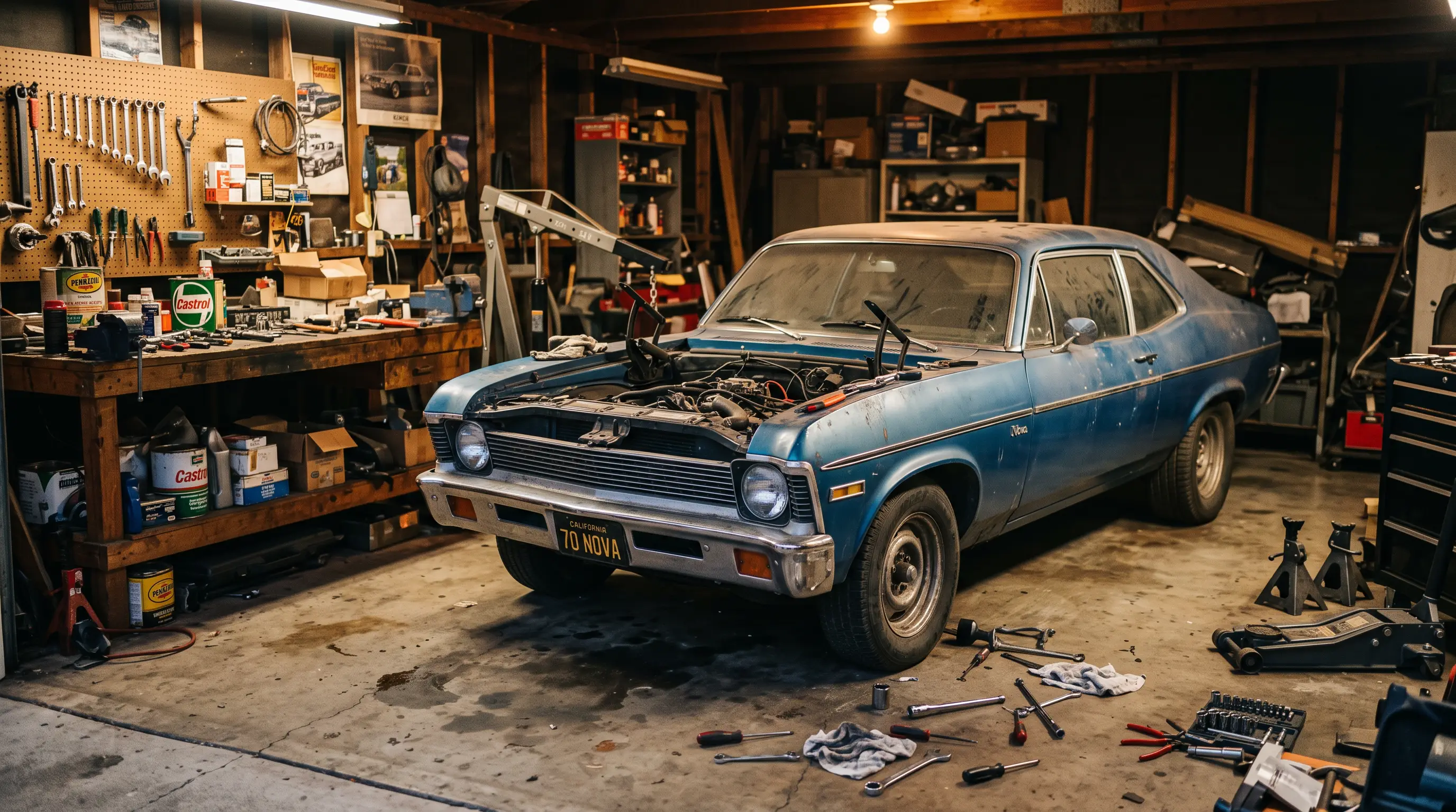 1970s Chevy Nova project car in a home garage with tools scattered nearby