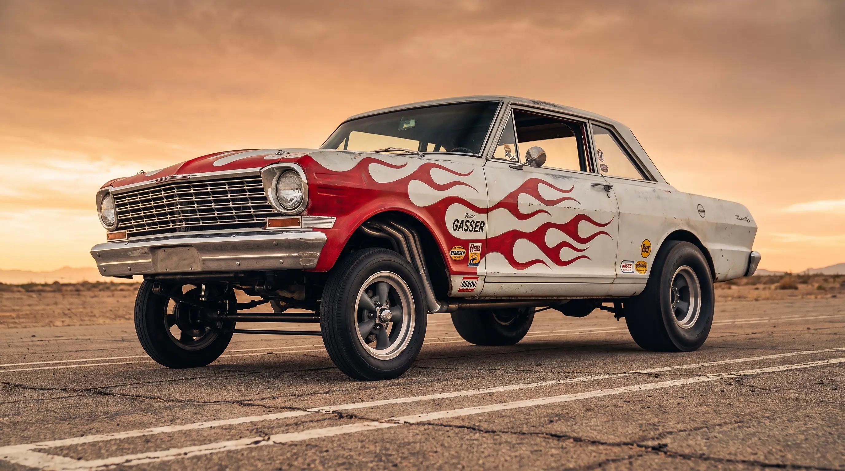 White raised front Chevy Nova gasser with flames parked on a desert drag strip
