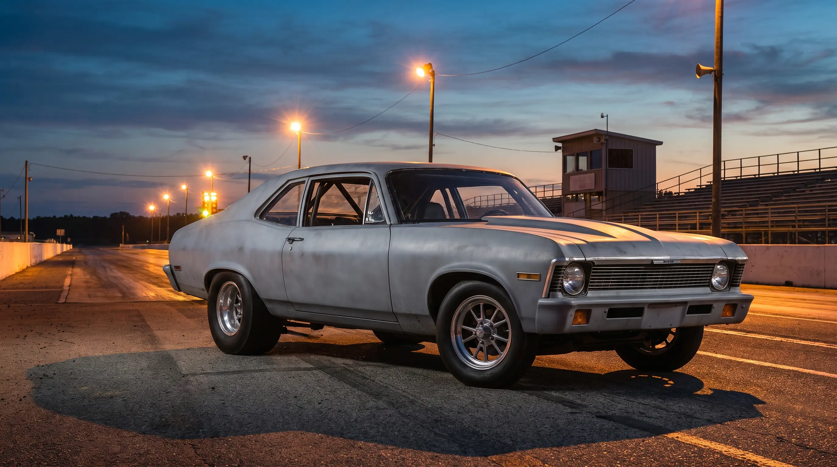 Primer gray Chevrolet Nova drag car with slicks staged at a drag strip at dusk