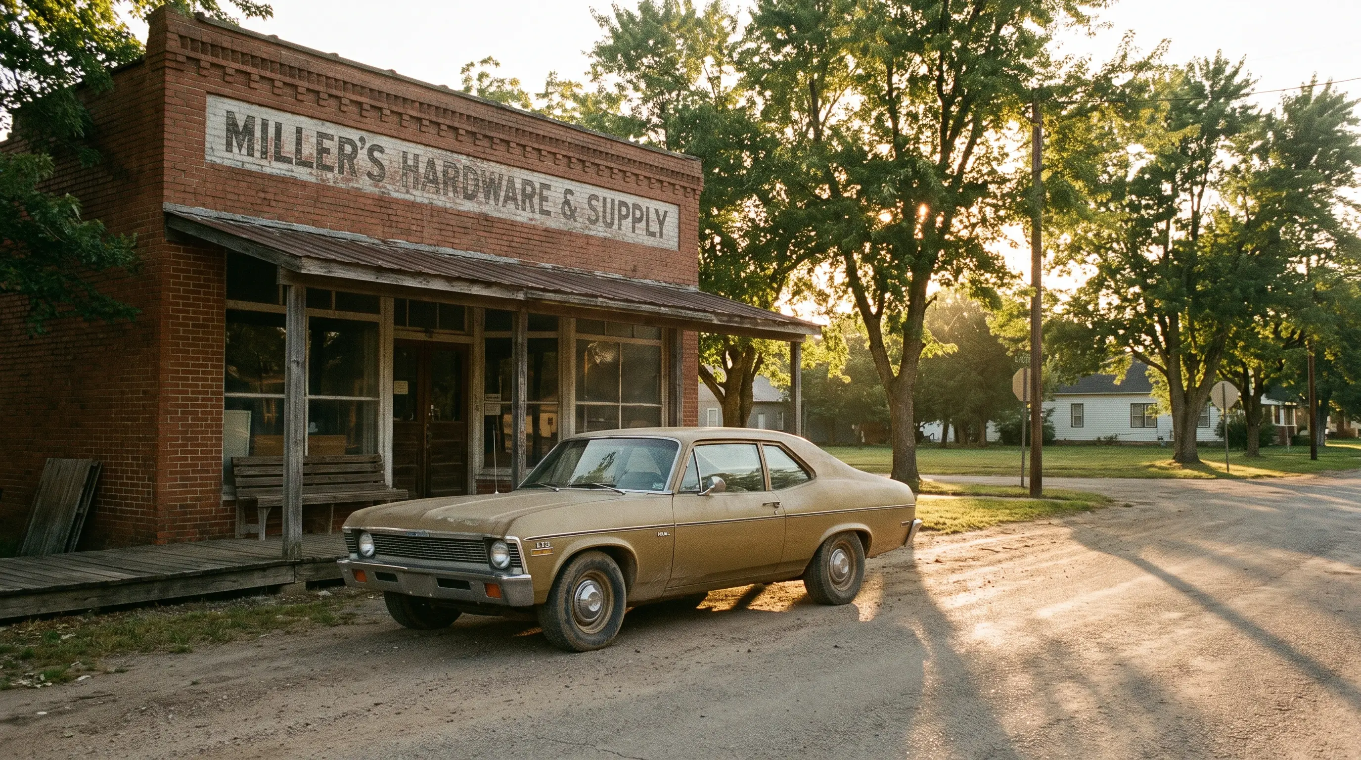 Tan 1971 Chevrolet Nova sedan parked outside a small town hardware store
