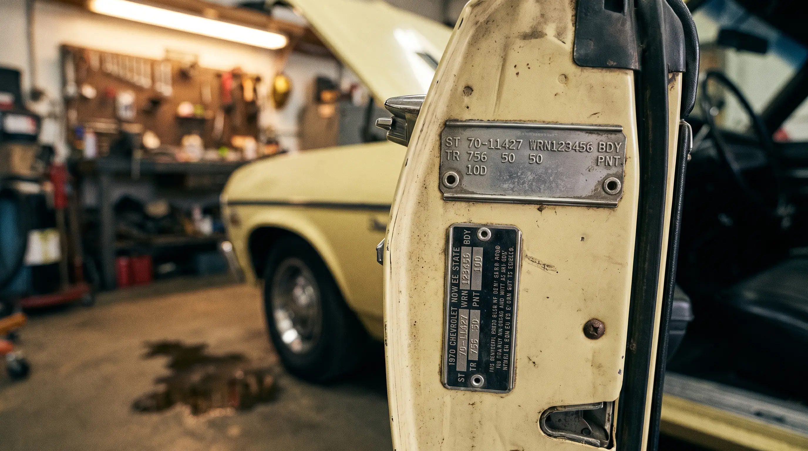 Close up of a fourth gen Nova cowl tag with pale yellow body blurred behind in a garage