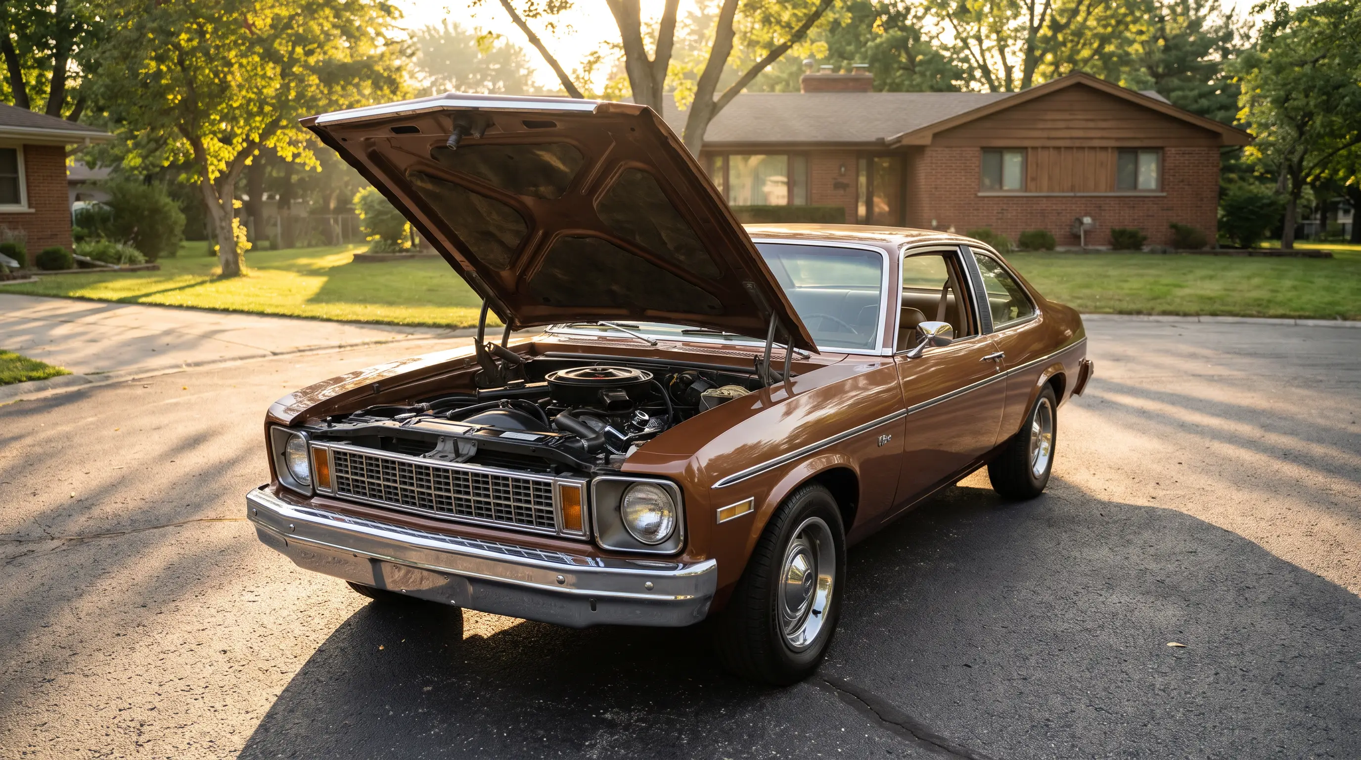 1978 Chevrolet Nova coupe with 305 V8 engine bay open in a sunlit driveway