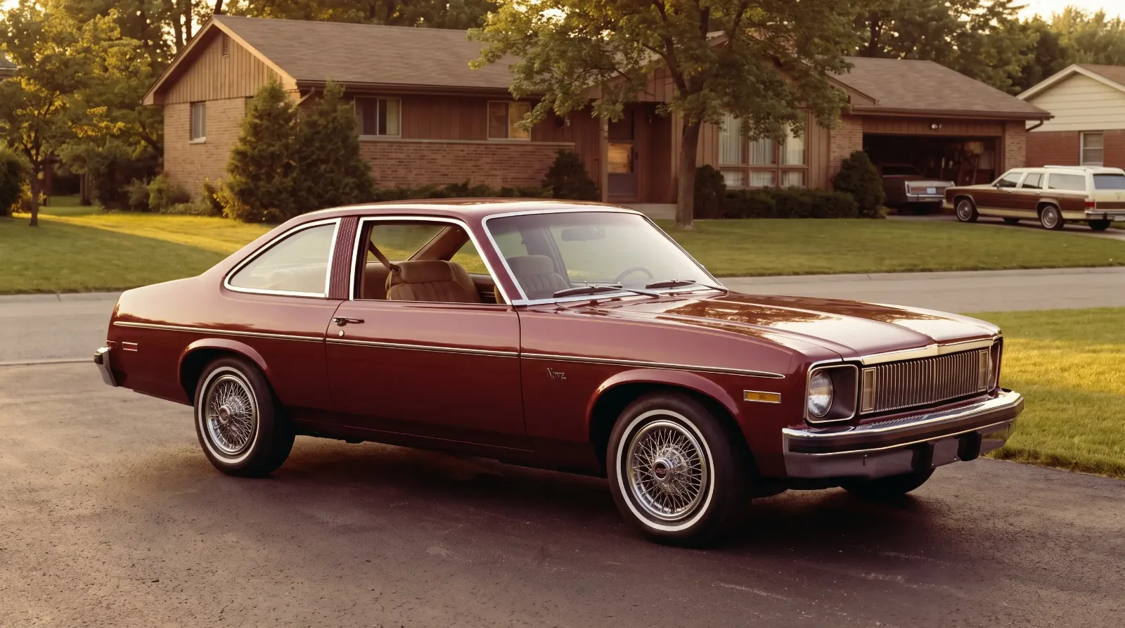 1977 Chevrolet Nova Concours coupe in burgundy metallic parked in a suburban driveway on a sunny afternoon