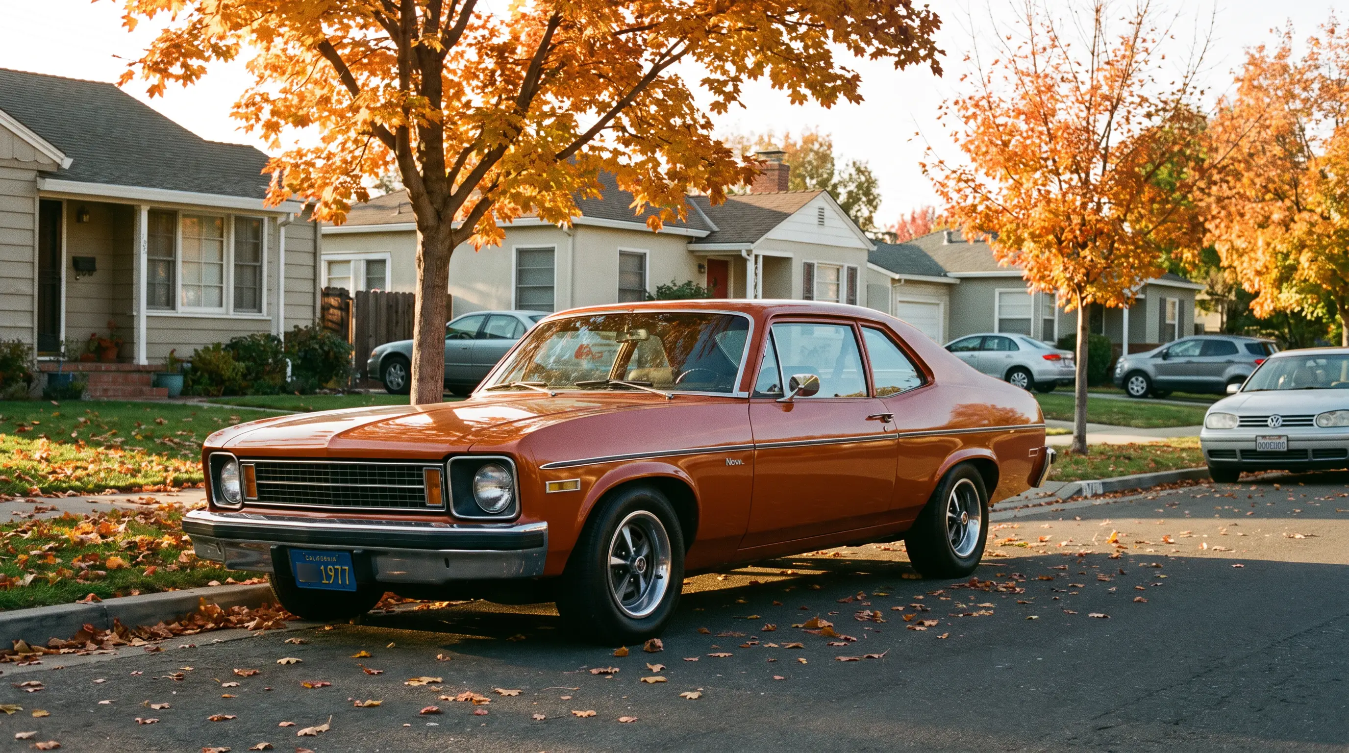 Burnt orange 1970s Chevy Nova coupe parked on a tree lined suburban street