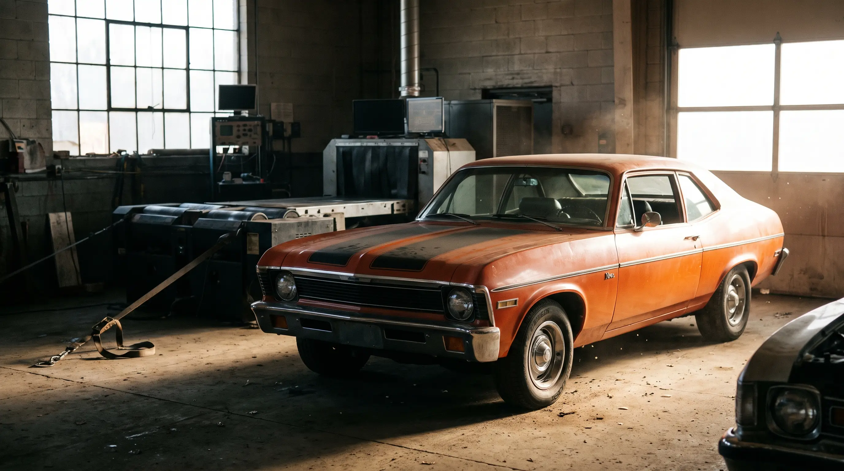 Orange early 1970s Chevrolet Nova with black hood stripe in a dusty garage bay