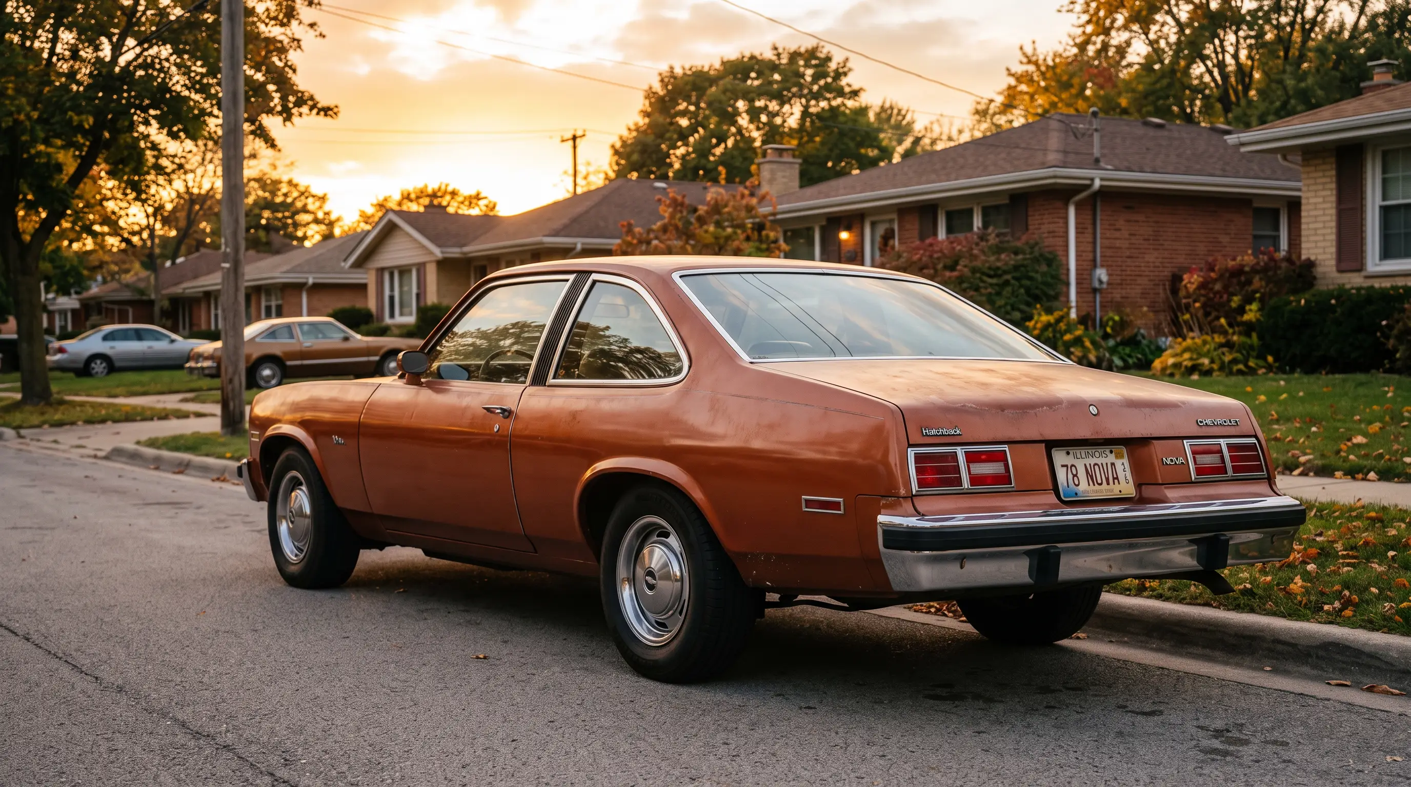 Late 1970s Chevrolet Nova hatchback coupe parked on a suburban street at sunset