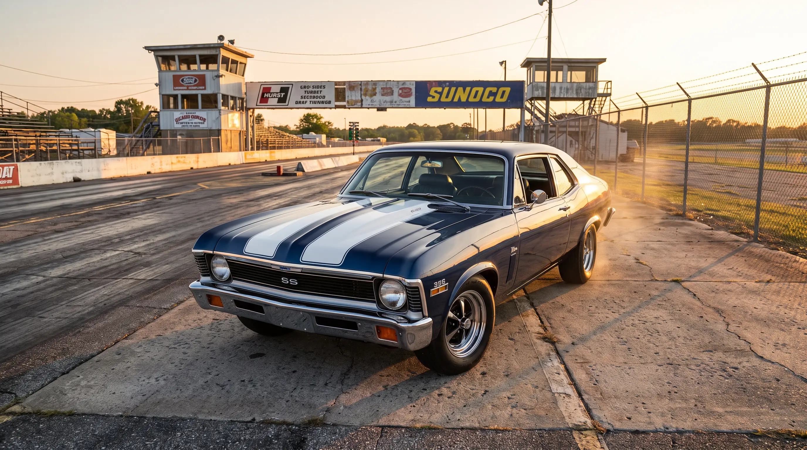 Dark blue 1972 Chevrolet Nova SS 396 with white stripes at a drag strip staging lane