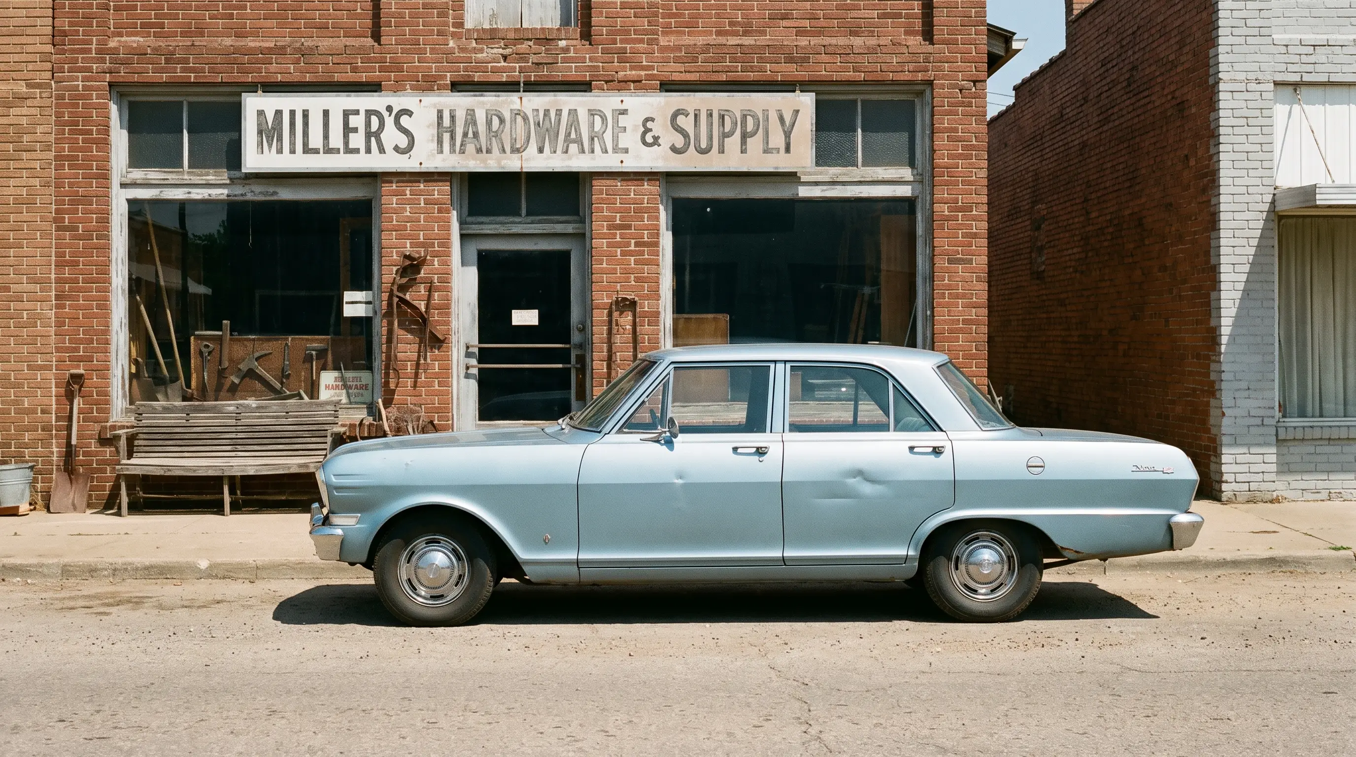 Light blue 1964 Chevy Nova with inline six parked outside a small town hardware store