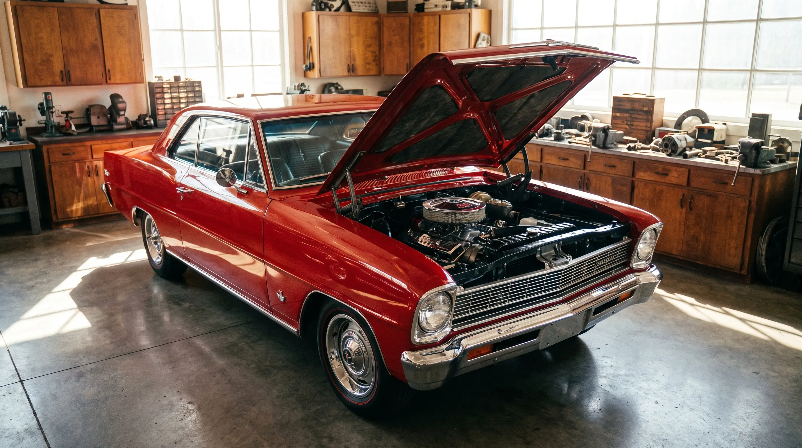 Red 1966 Chevy II Nova SS with hood open revealing L79 327 V8 engine
