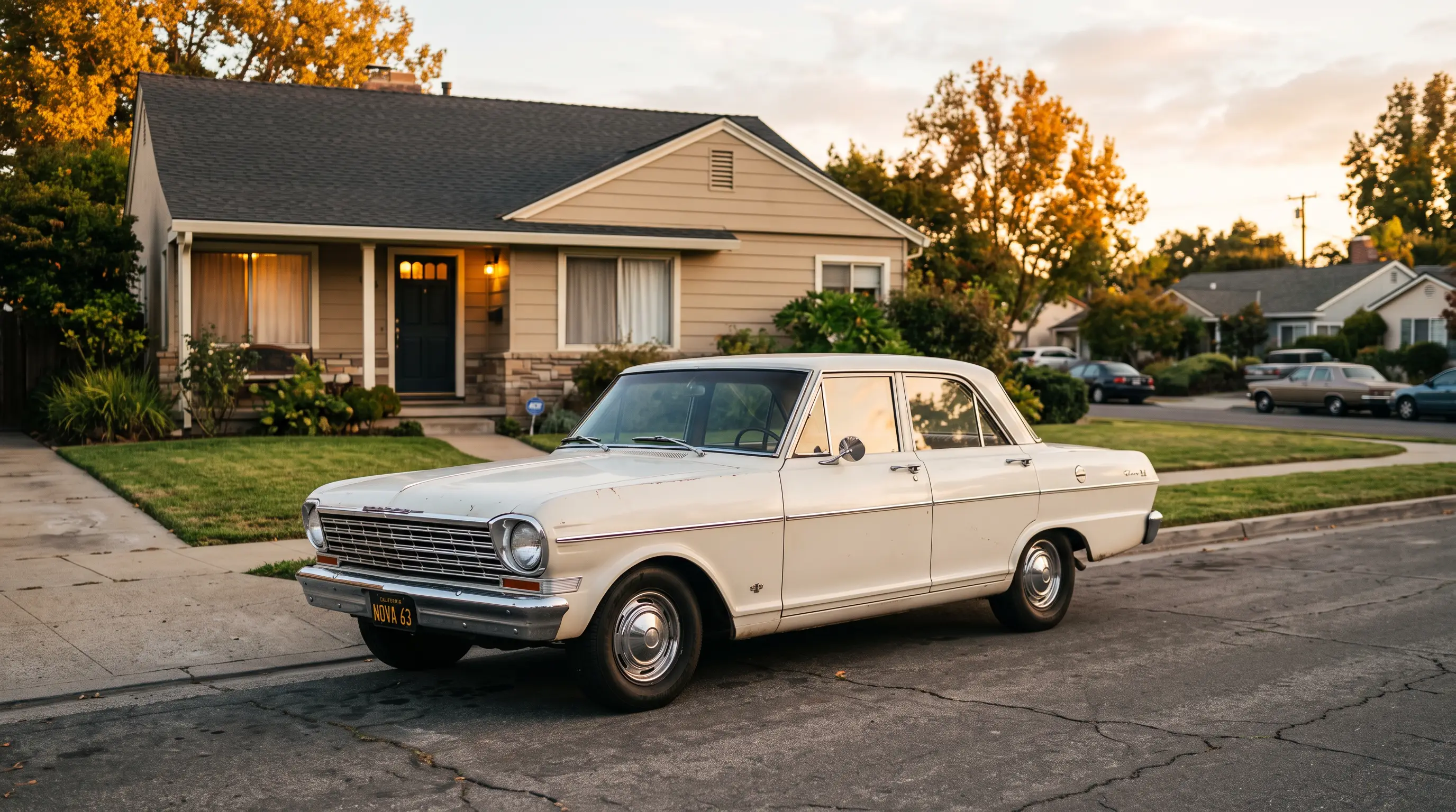 Modest 1963 Chevrolet Nova sedan parked in front of a suburban family home at golden hour