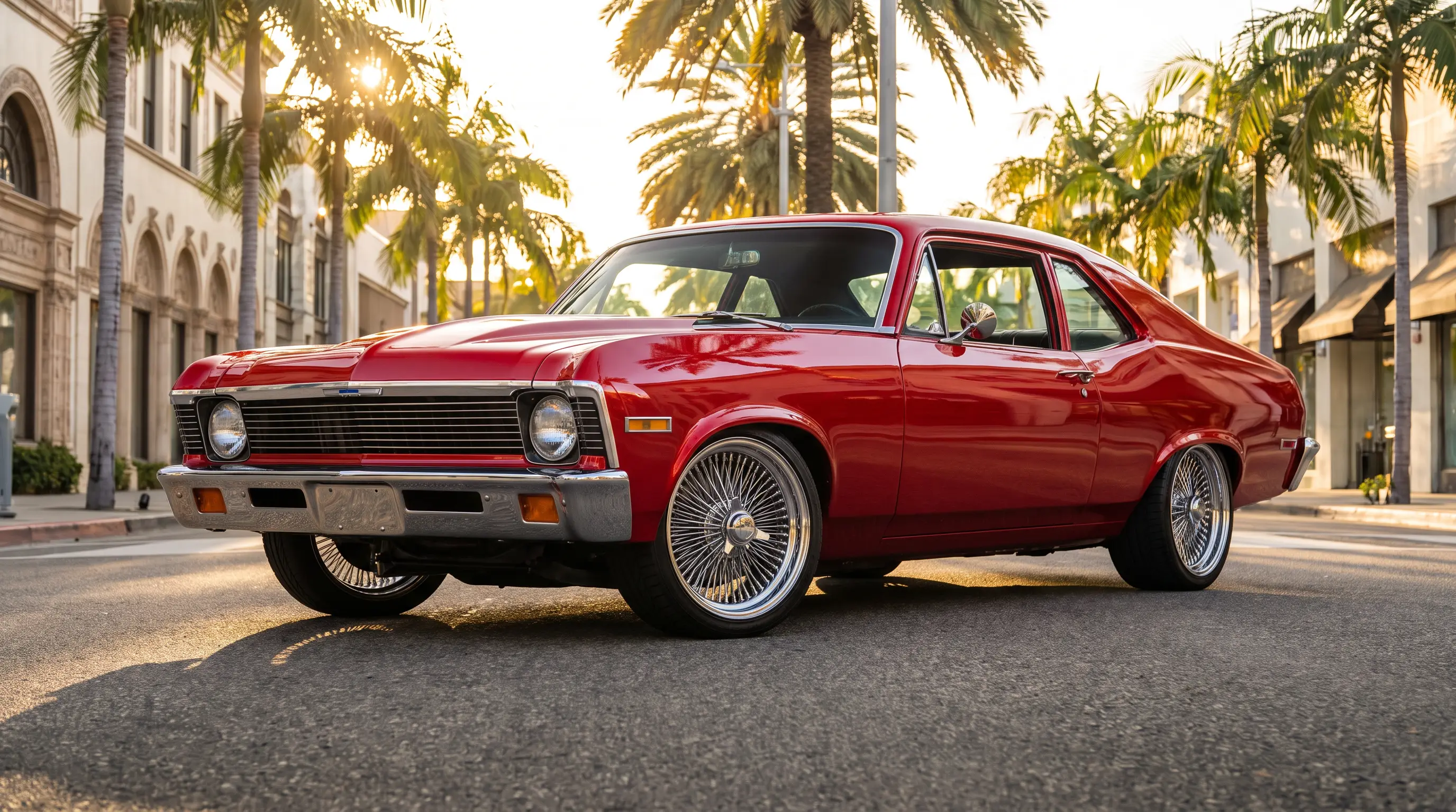 Lowered candy paint 1972 Chevrolet Nova with chrome wire wheels on a sunlit boulevard