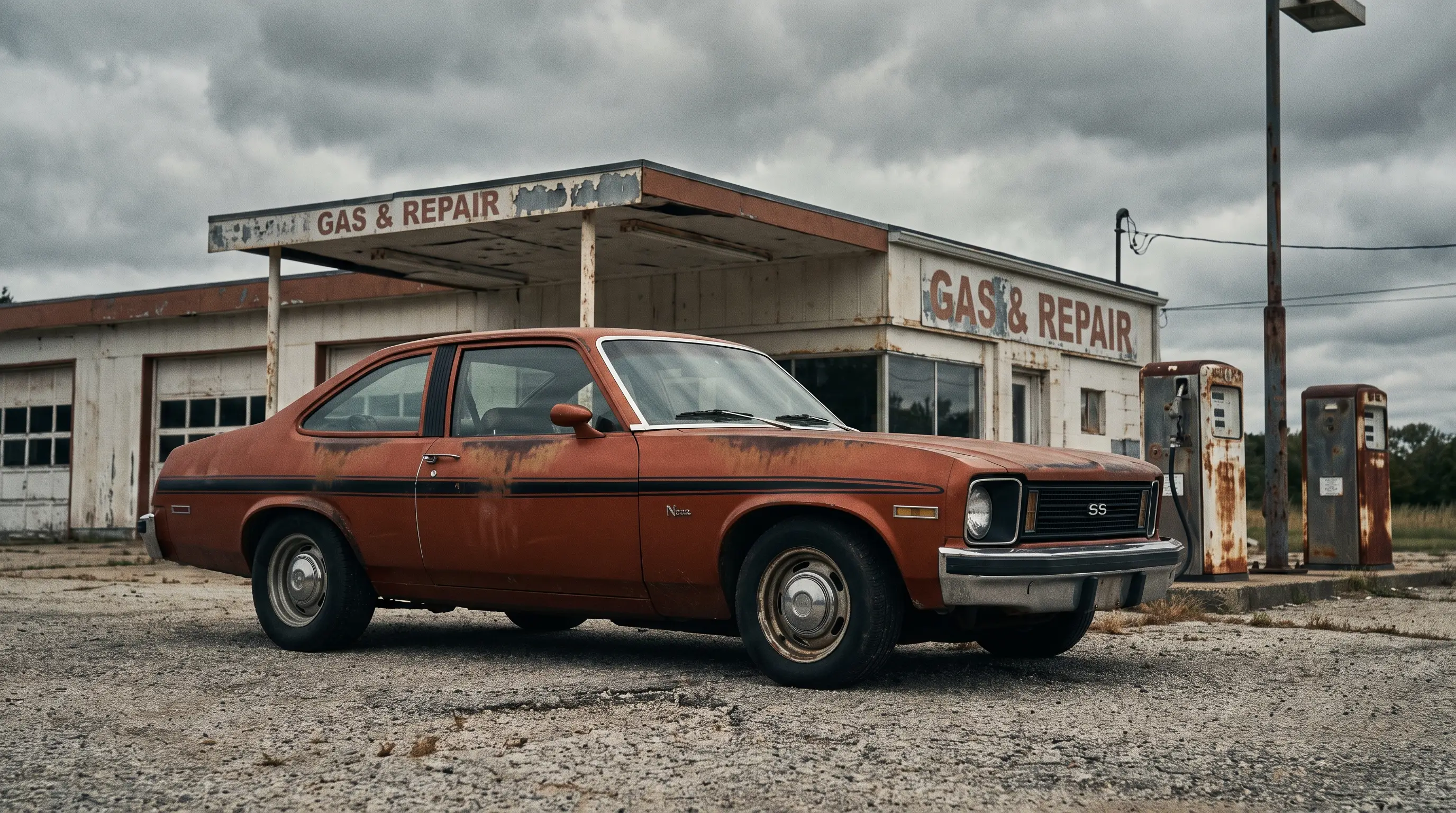 Faded 1976 Chevrolet Nova SS outside a rundown gas station on an overcast day