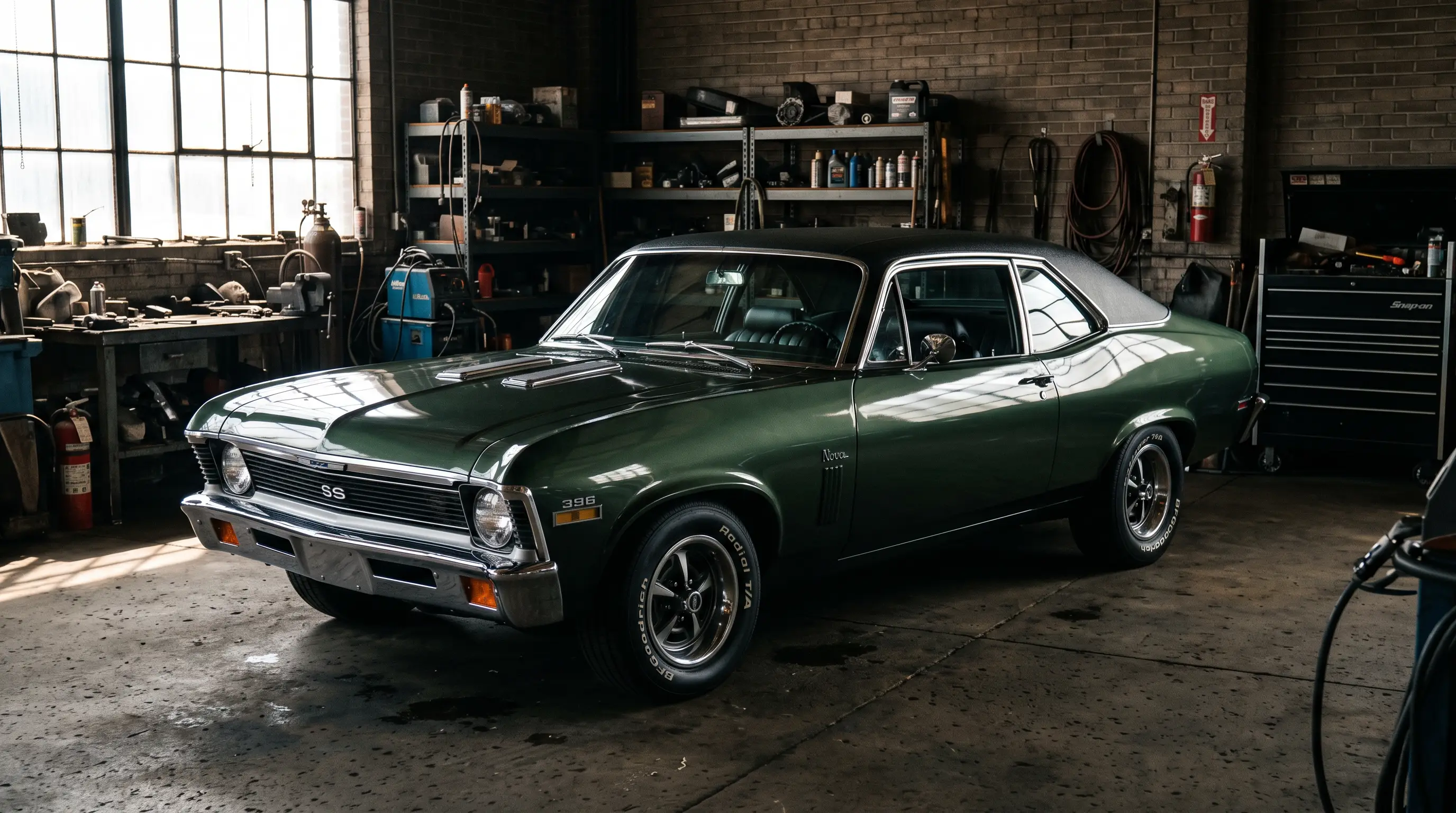 Dark green 1971 Chevrolet Nova SS with 396 big block parked in an industrial garage bay