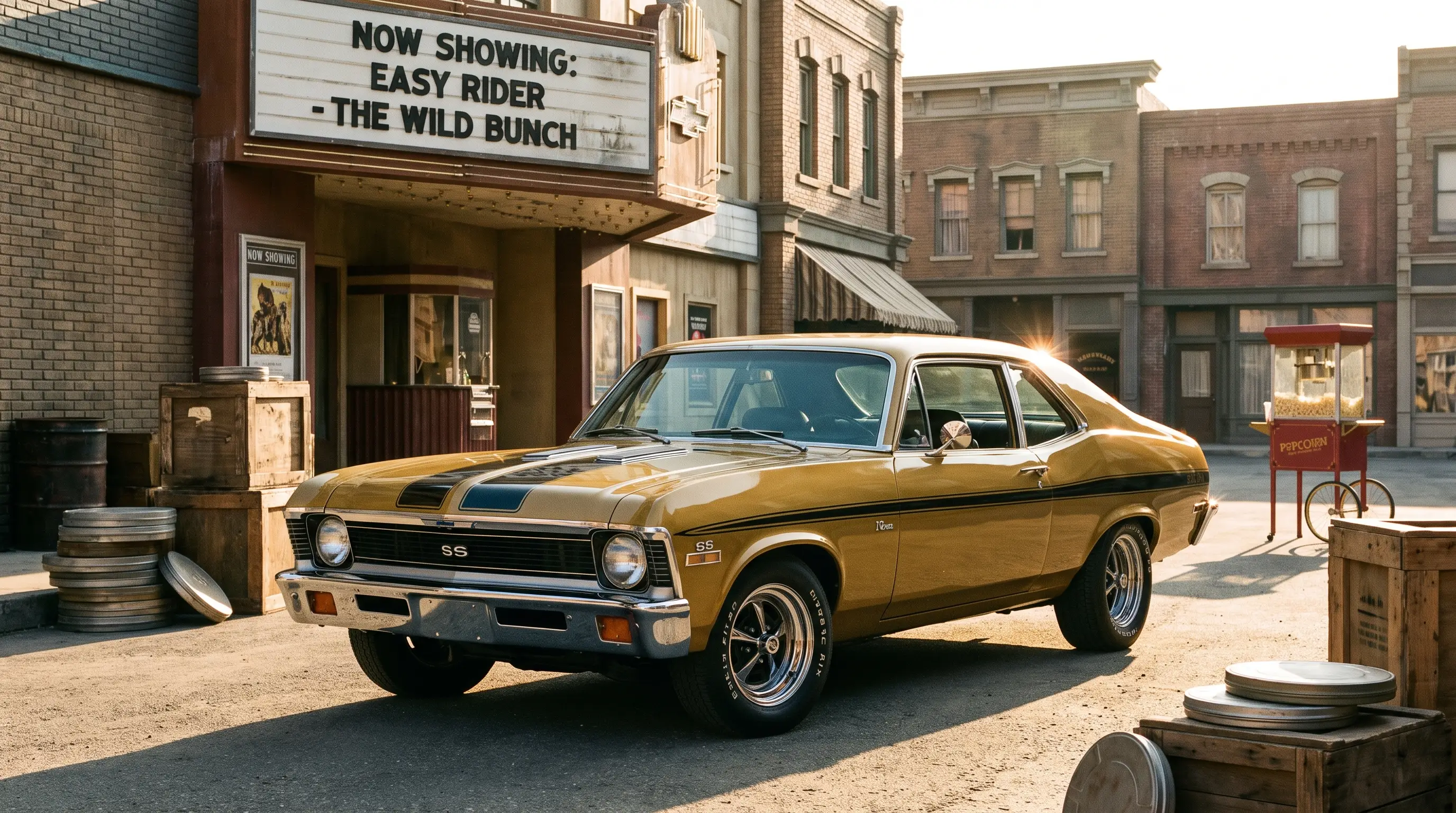 1970s Chevy Nova SS parked outside a small town movie theater at golden hour