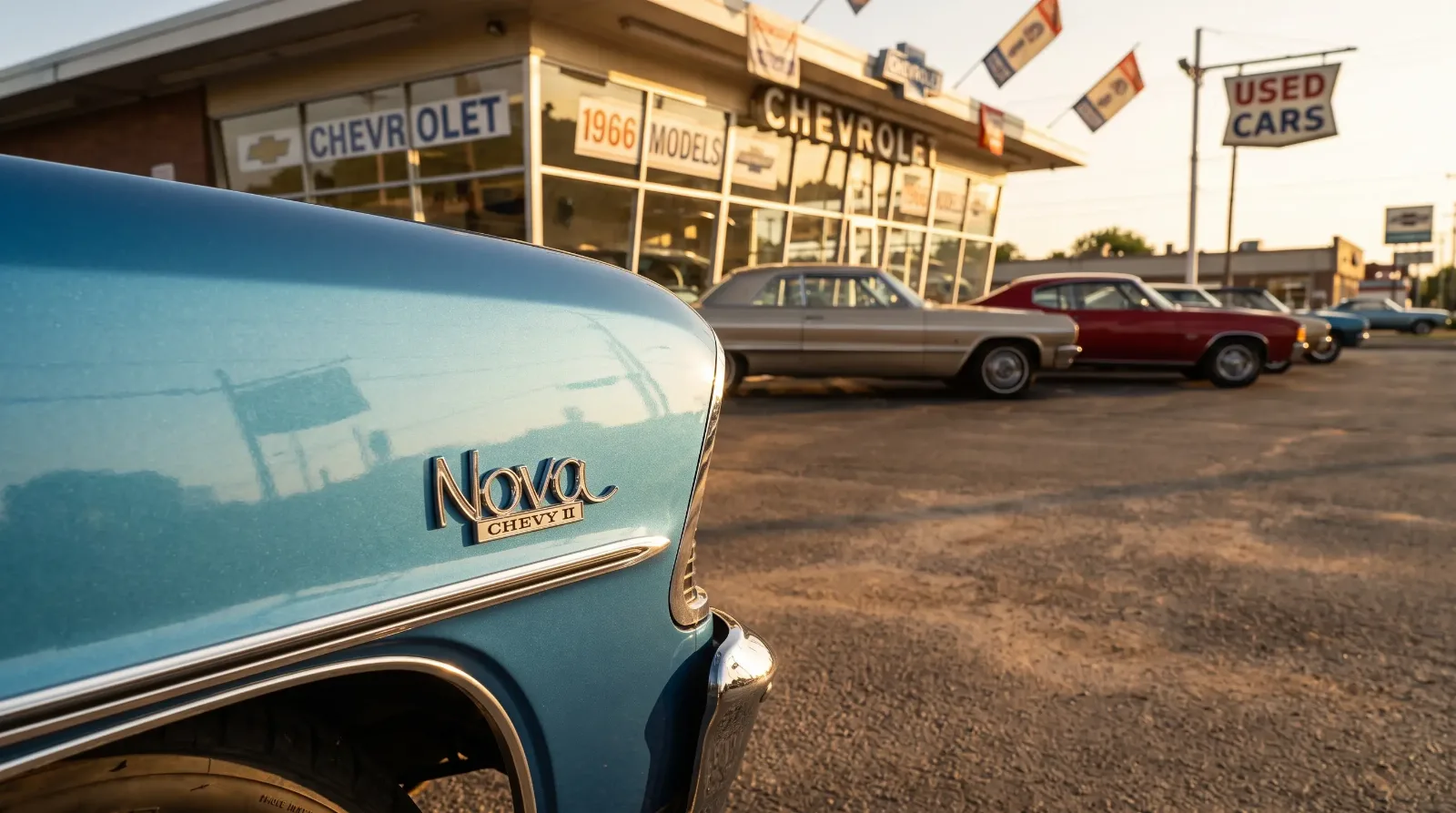 Close-up of the chrome Nova script badge on a 1966 Chevrolet Chevy II Nova at a period dealership lot