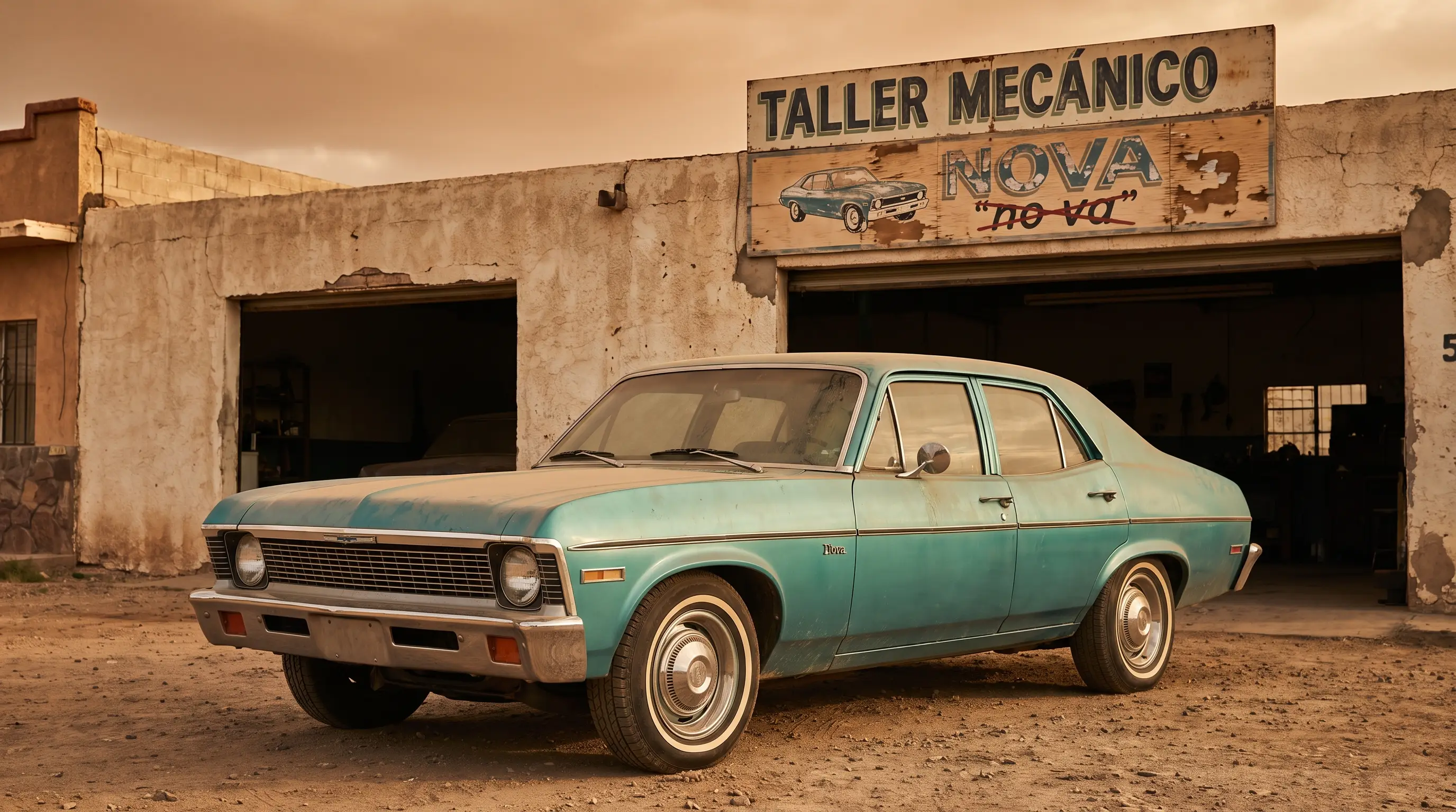 Classic Chevy Nova parked outside a weathered border town auto shop in warm afternoon light