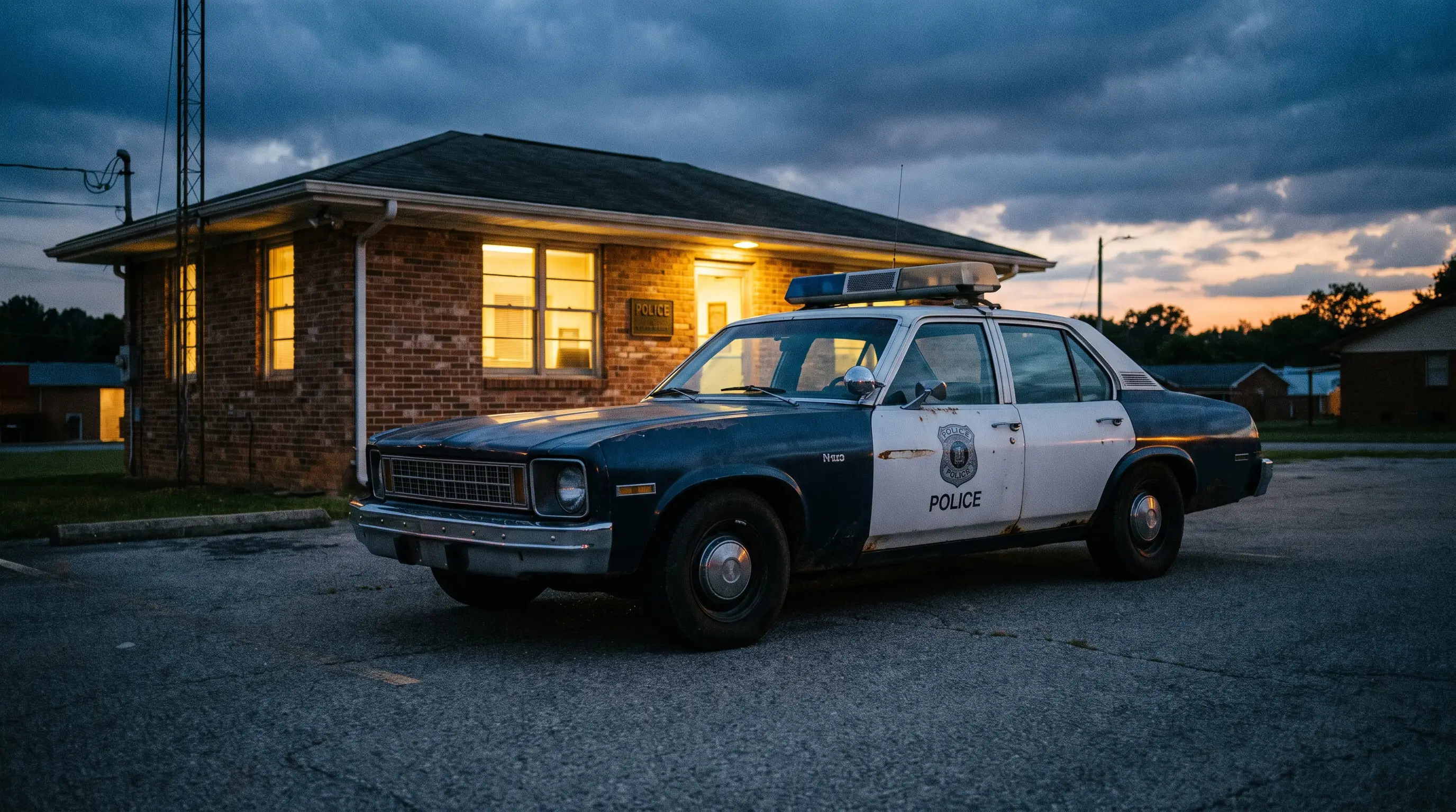 1970s Chevrolet Nova police package cruiser parked outside a precinct at dusk
