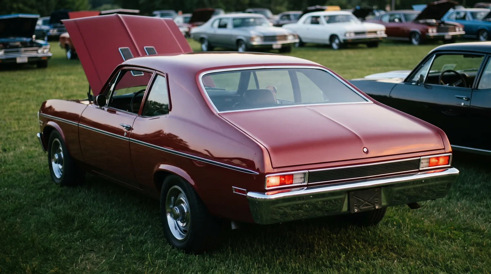 1969 Chevrolet Nova SS — hood up on a car show lawn at dusk