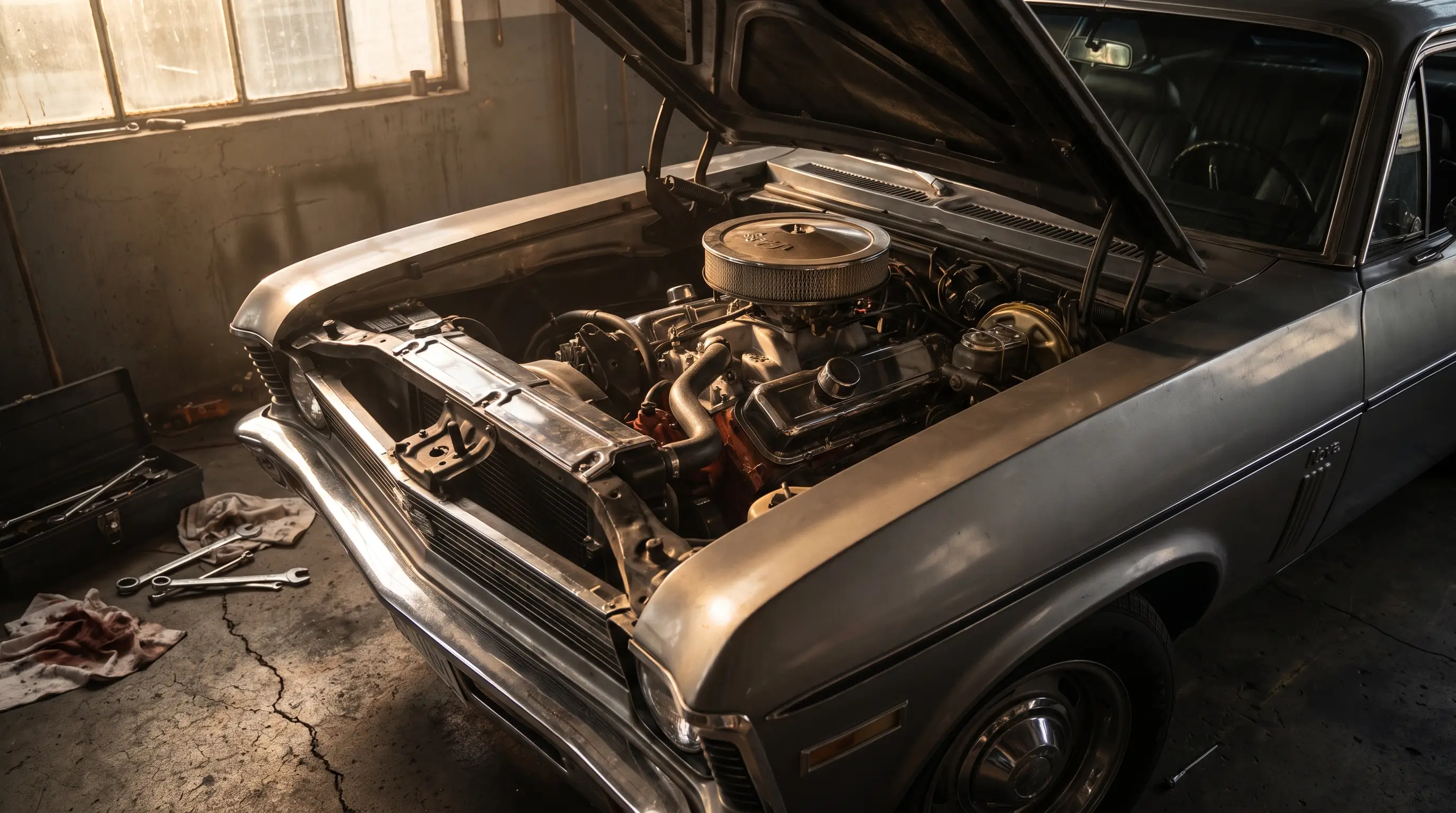 Classic Chevy Nova with hood open showing a big block V8 engine in a garage