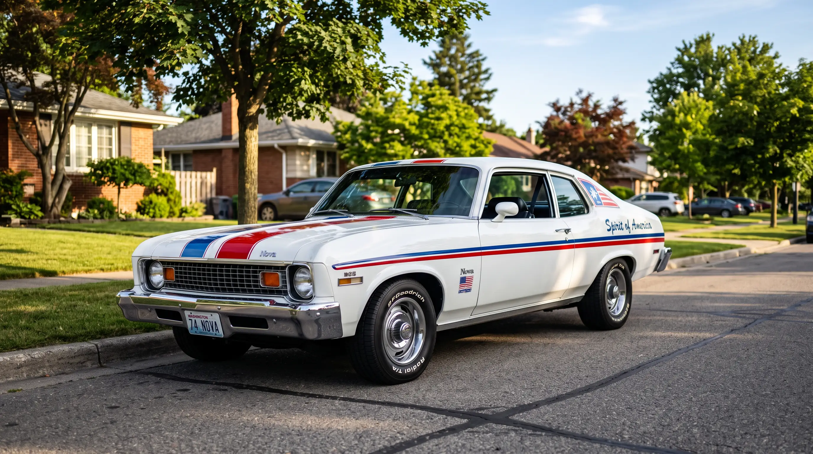 1974 Chevrolet Nova hatchback in red white and blue Spirit of America livery